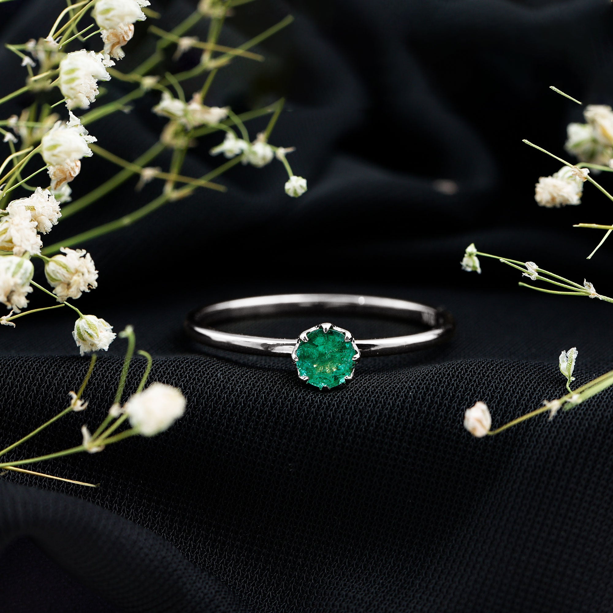 Natural Solitaire Emerald Promise Ring in Lotus Basket Setting AAA - Rosec Jewels