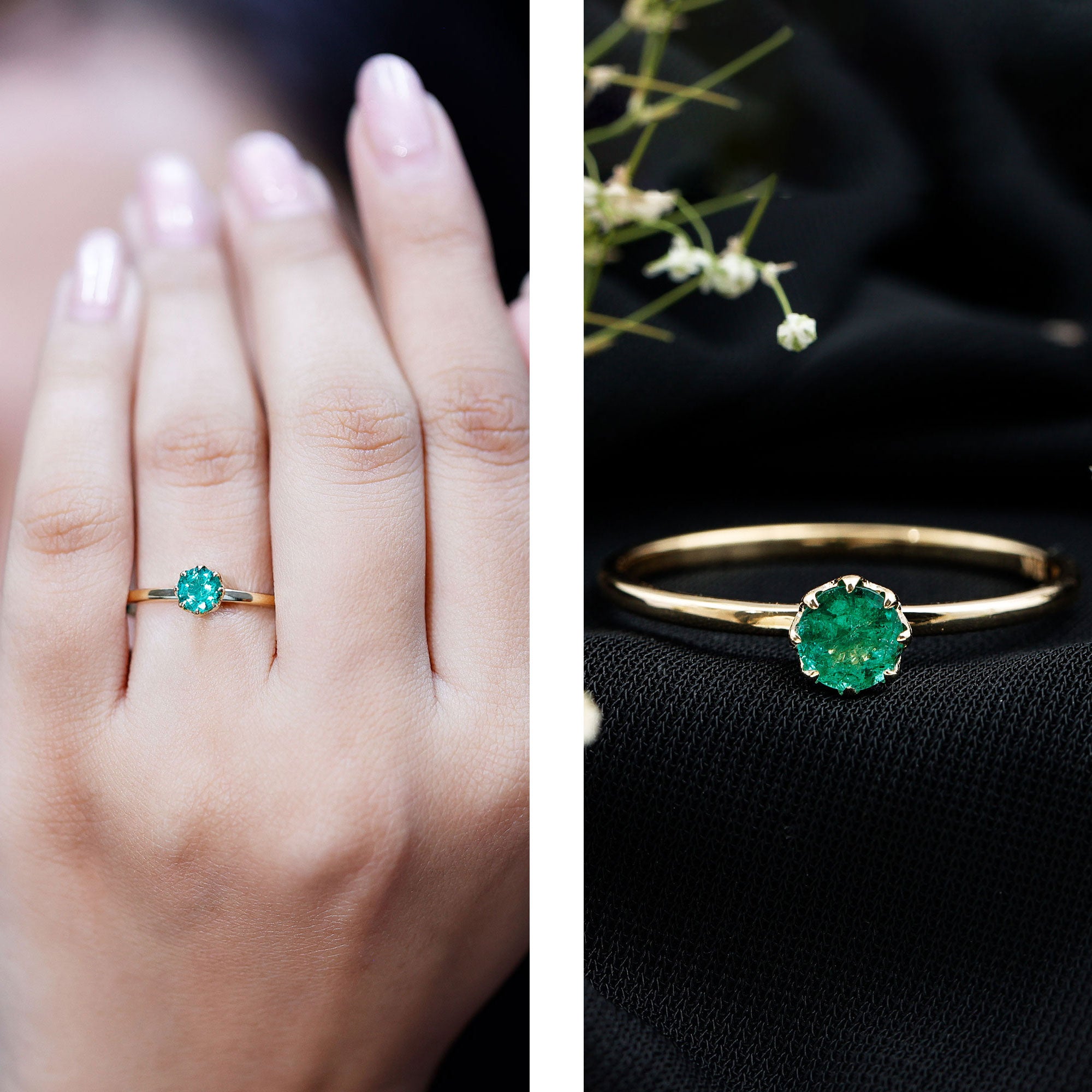 Natural Solitaire Emerald Promise Ring in Lotus Basket Setting AAA - Rosec Jewels