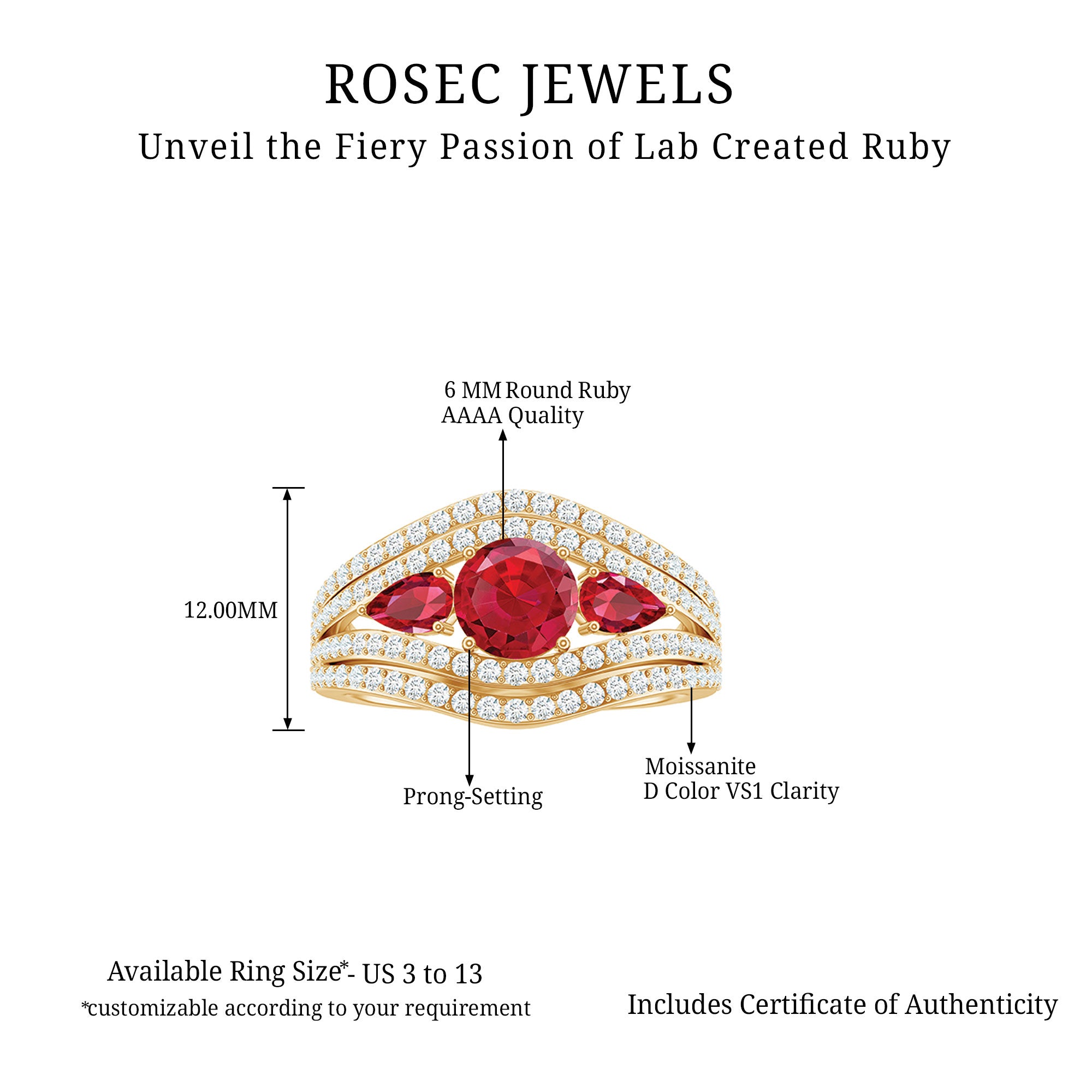 Rosec Jewels-Designer Lab Created Ruby 3 Stone Engagement Ring With Moissanite