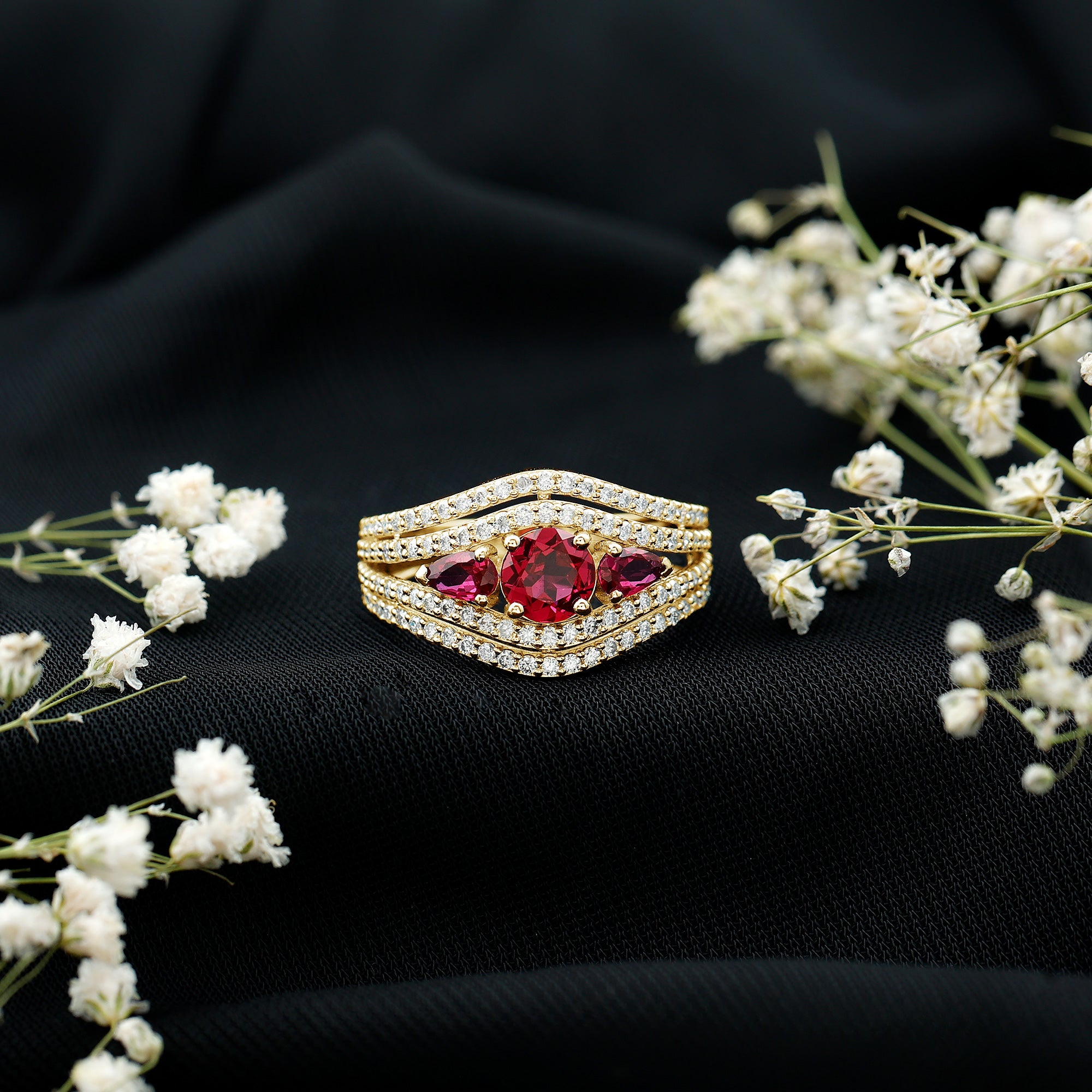 Rosec Jewels-Designer Lab Created Ruby 3 Stone Engagement Ring With Moissanite