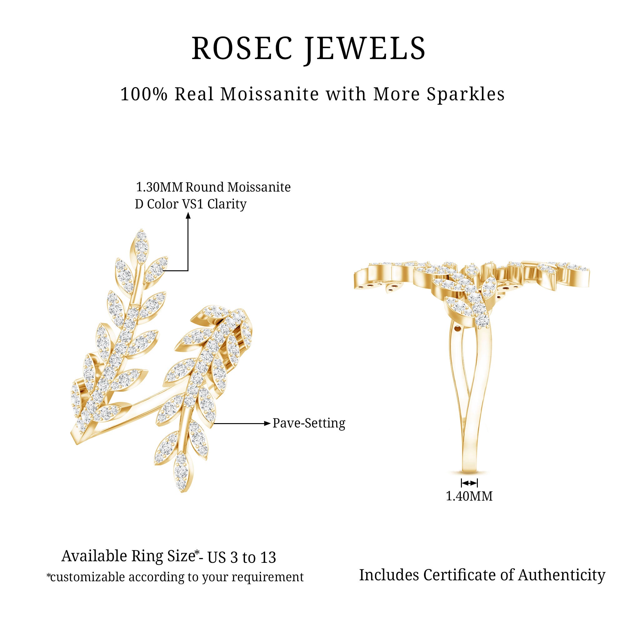 Certified Moissanite Leaf Wrap Ring for Women D-VS1 - Rosec Jewels