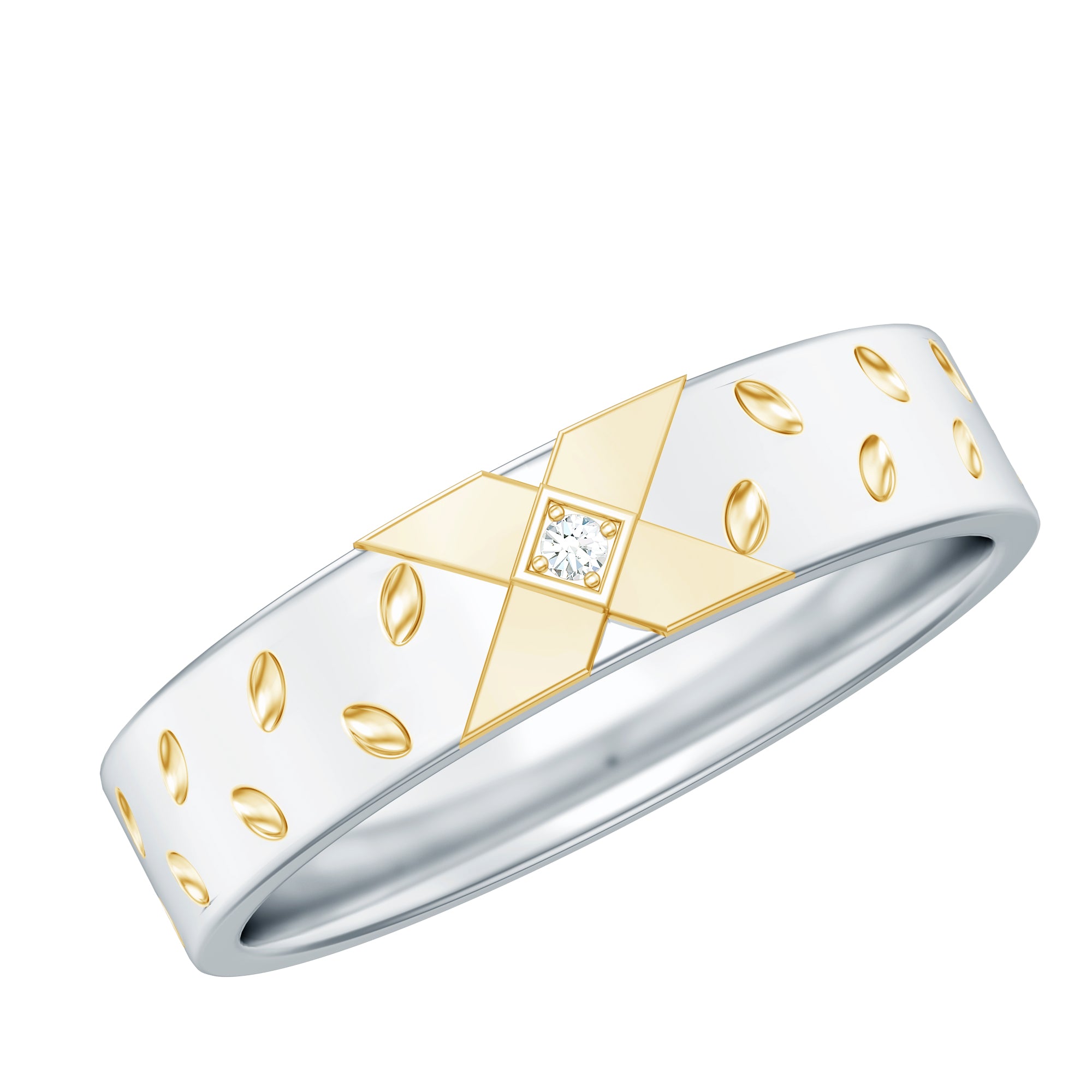 Two Tone Cross Wedding Band with Moissanite D-VS1 - Rosec Jewels