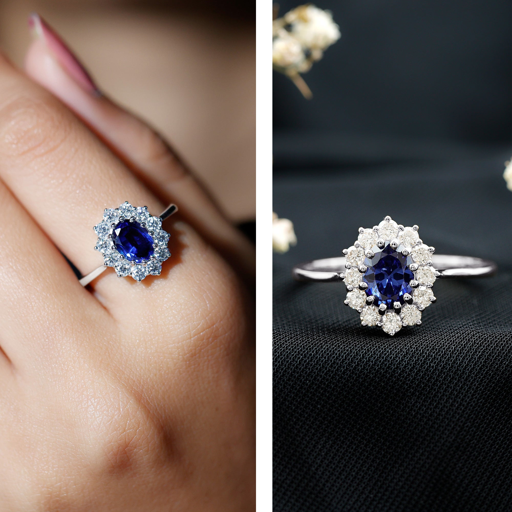 Rosec Jewels-Certified 1.5 Carat Oval Lab Grown Blue Sapphire Princess Diana Engagement Ring with Diamond