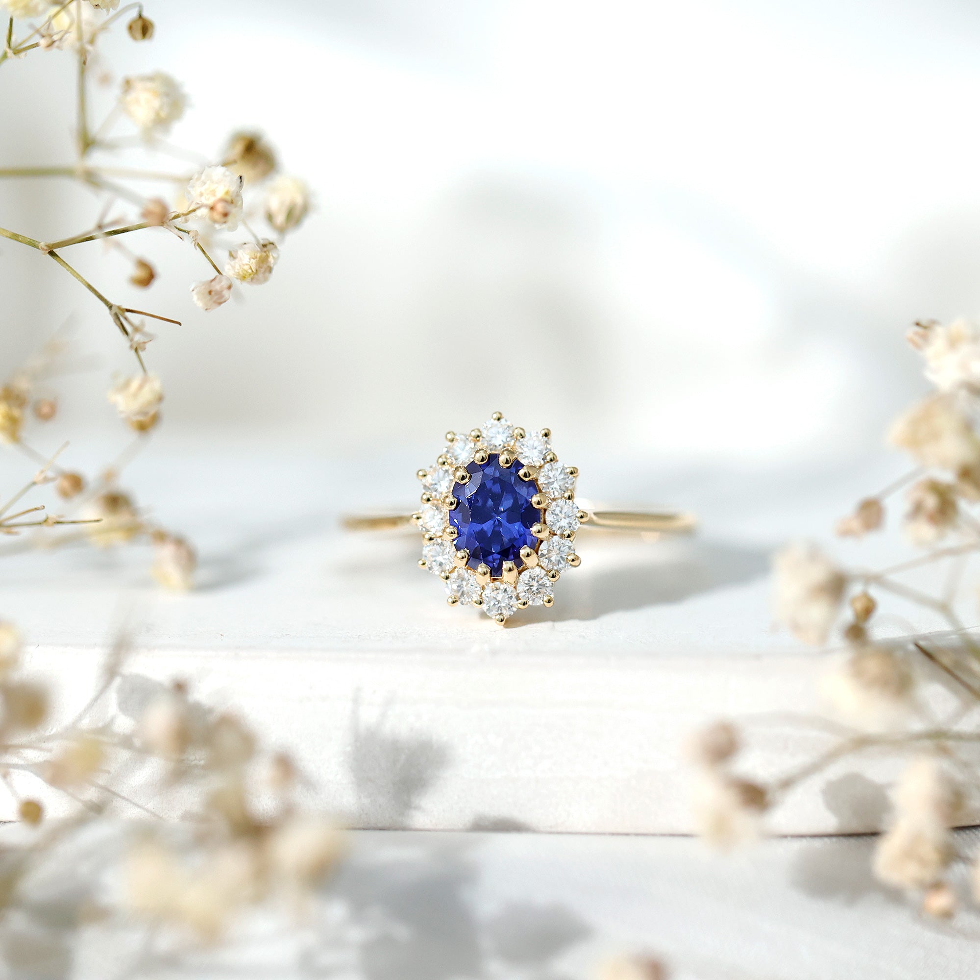 Rosec Jewels-Certified 1.5 Carat Oval Lab Grown Blue Sapphire Princess Diana Engagement Ring with Diamond
