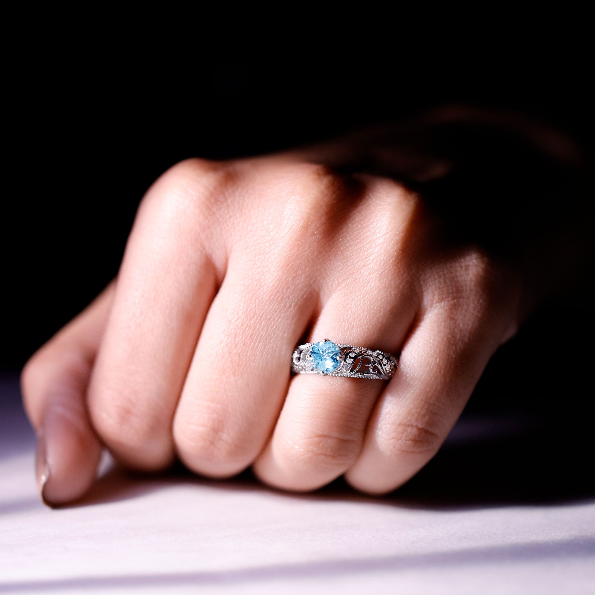 1 CT Vintage Style Aquamarine and Diamond Engagement Ring AAA - Rosec Jewels