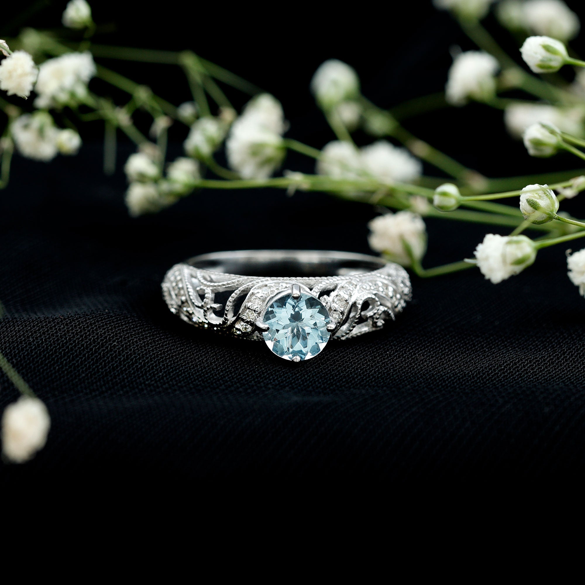1 CT Vintage Style Aquamarine and Diamond Engagement Ring AAA - Rosec Jewels
