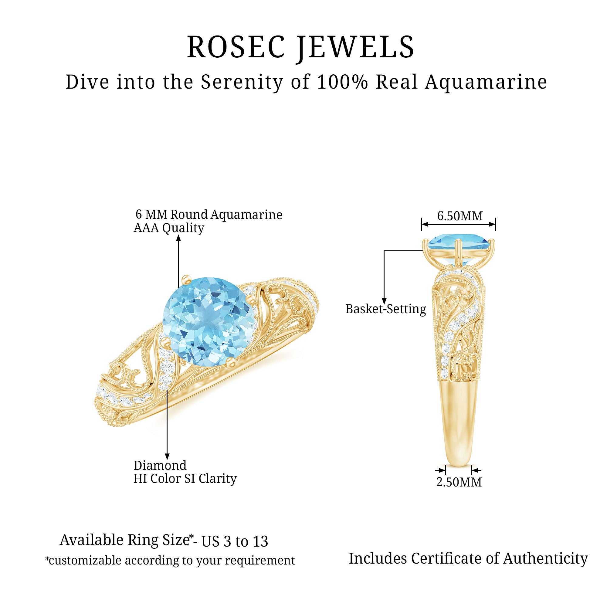 1 CT Vintage Style Aquamarine and Diamond Engagement Ring AAA - Rosec Jewels