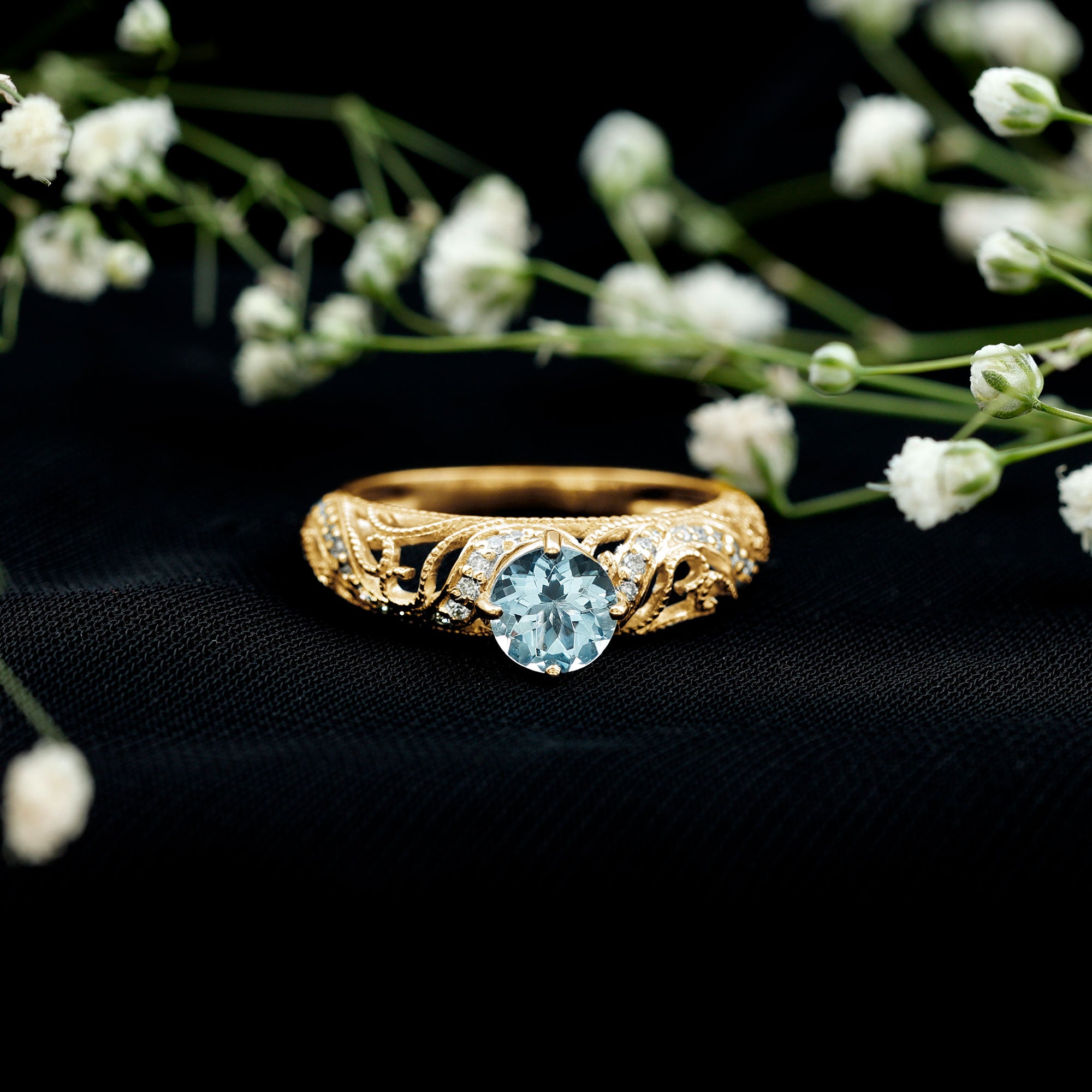 1 CT Vintage Style Aquamarine and Diamond Engagement Ring AAA - Rosec Jewels