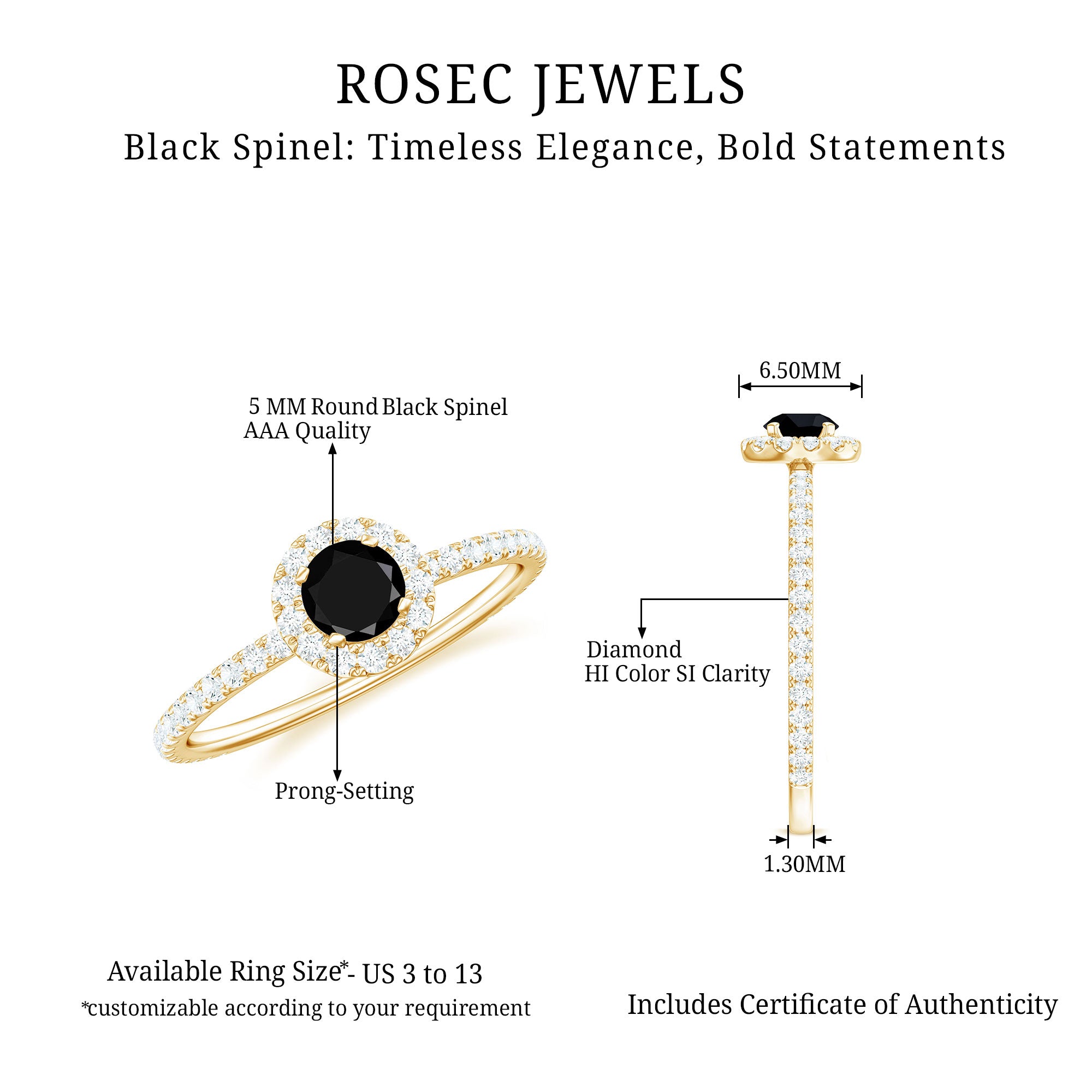 Rosec Jewels-Minimal Black Spinel Engagement Ring with Diamond Halo