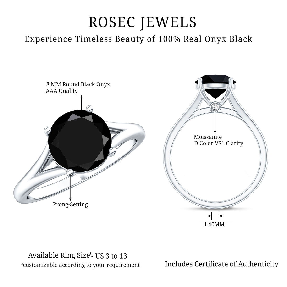 Real 2 Carat Black Onyx Solitaire Ring with Hidden Moissanite AAA - Rosec Jewels