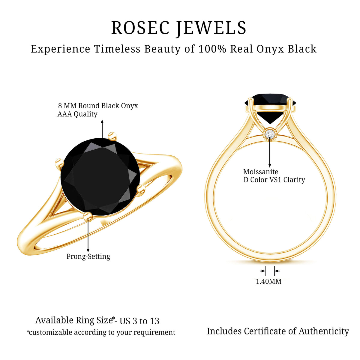 Real 2 Carat Black Onyx Solitaire Ring with Hidden Moissanite AAA - Rosec Jewels