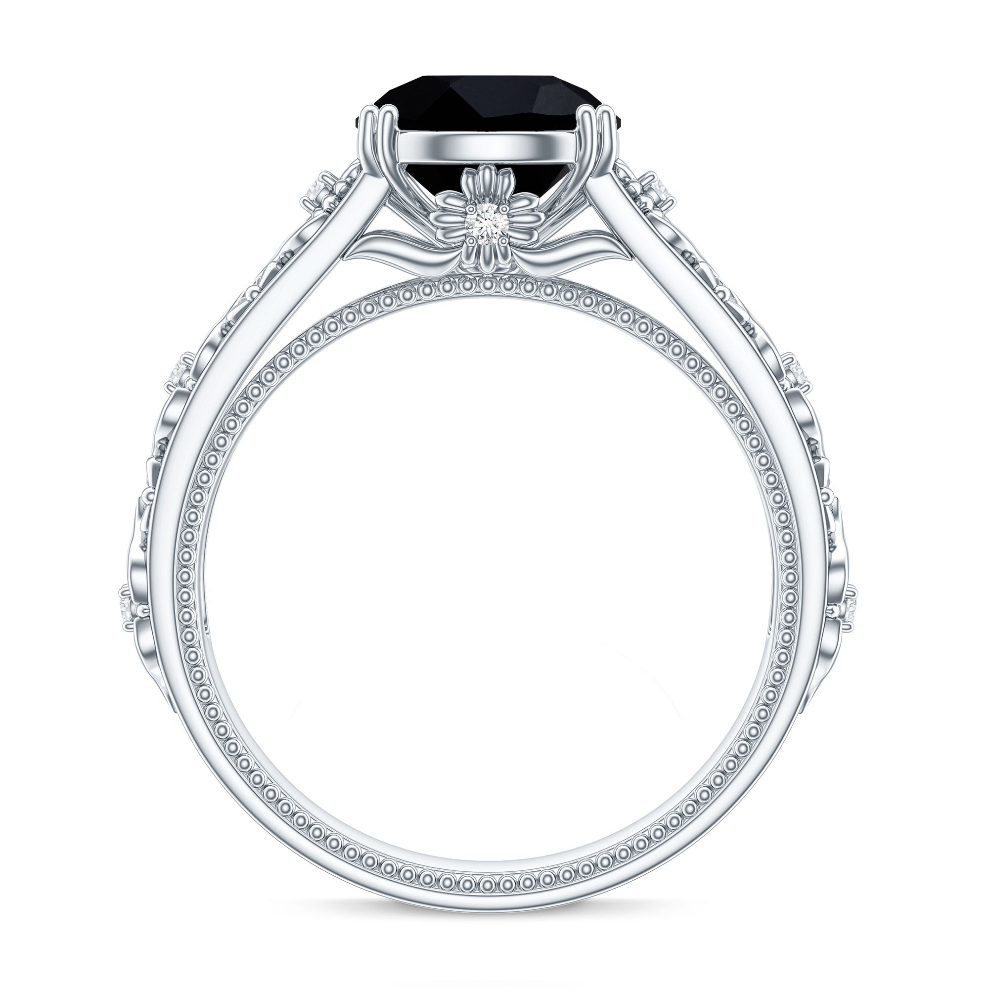 Nature Inspired Black Spinel Solitaire Engagement Ring with Diamond AAA - Rosec Jewels