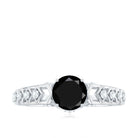 Art Deco Inspired Black Spinel Solitaire Engagement Ring with Diamond AAA - Rosec Jewels