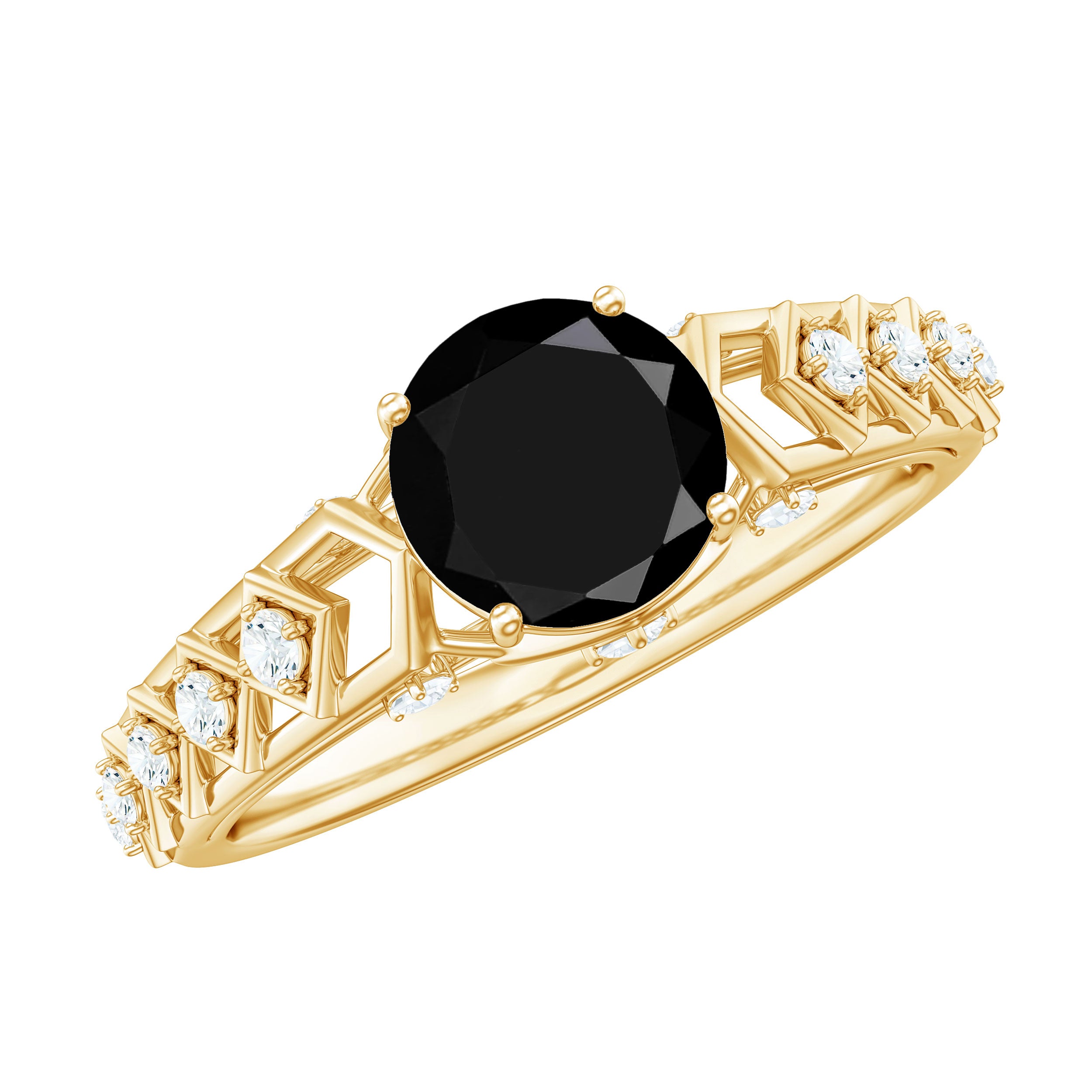 Art Deco Inspired Black Spinel Solitaire Engagement Ring with Diamond AAA - Rosec Jewels