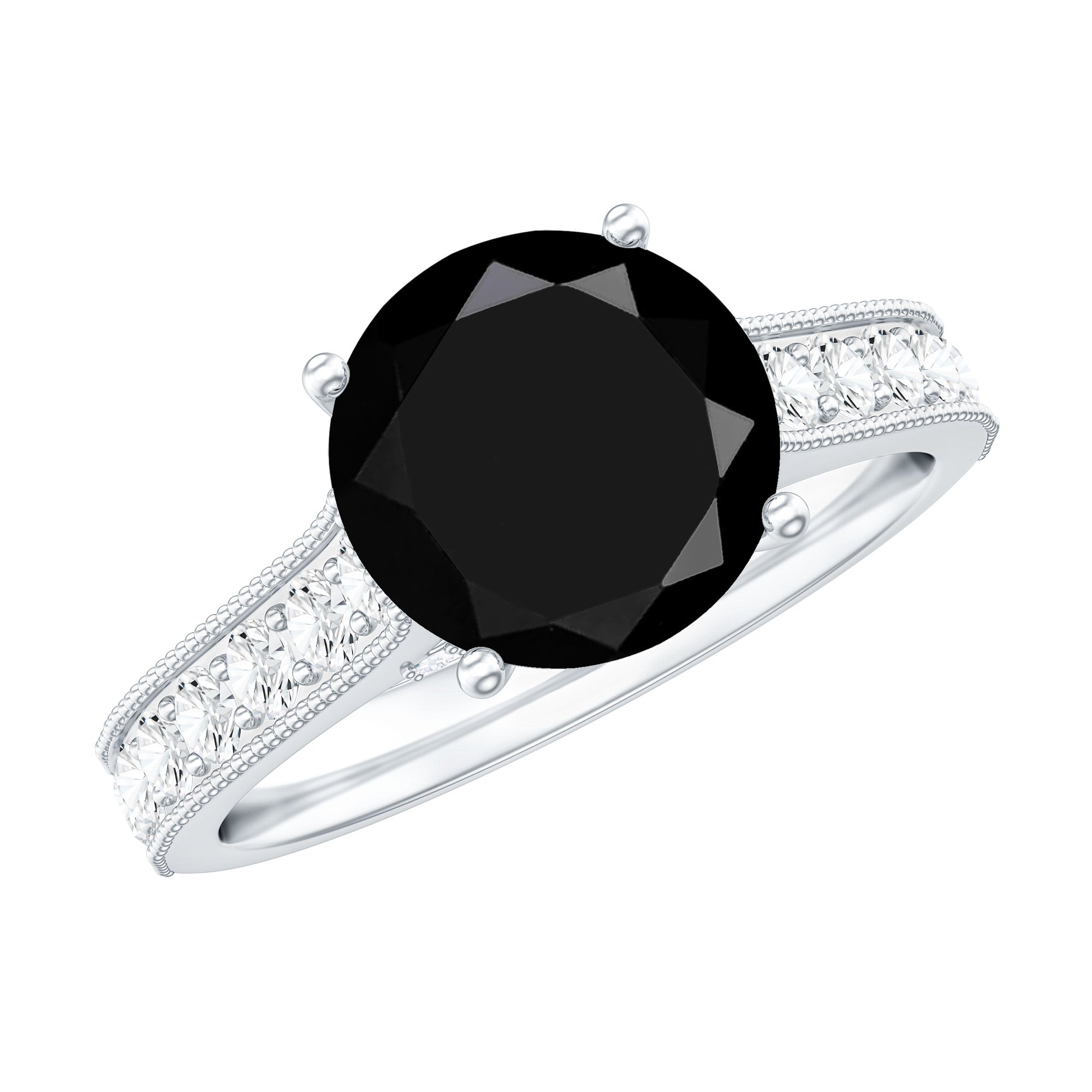 Natural Black Spinel Solitaire Engagement Ring with Diamond Side Stones AAA - Rosec Jewels