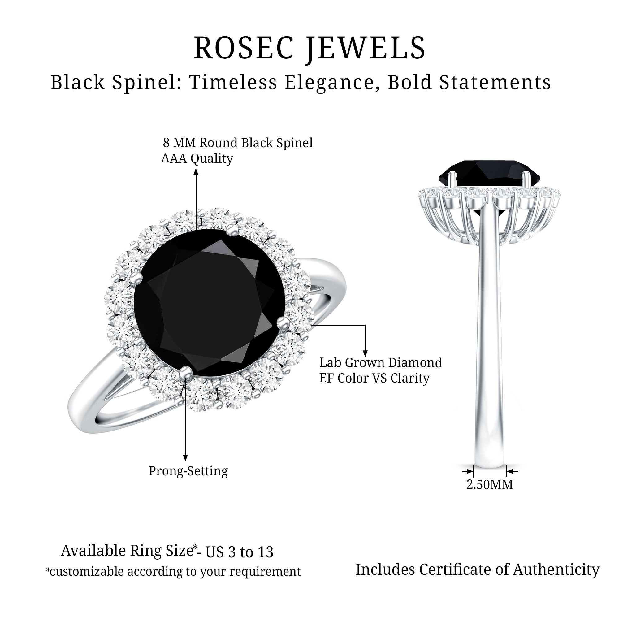 Natural 2.6 Carat Black Spinel Engagement Ring with Diamond Halo AAA - Rosec Jewels