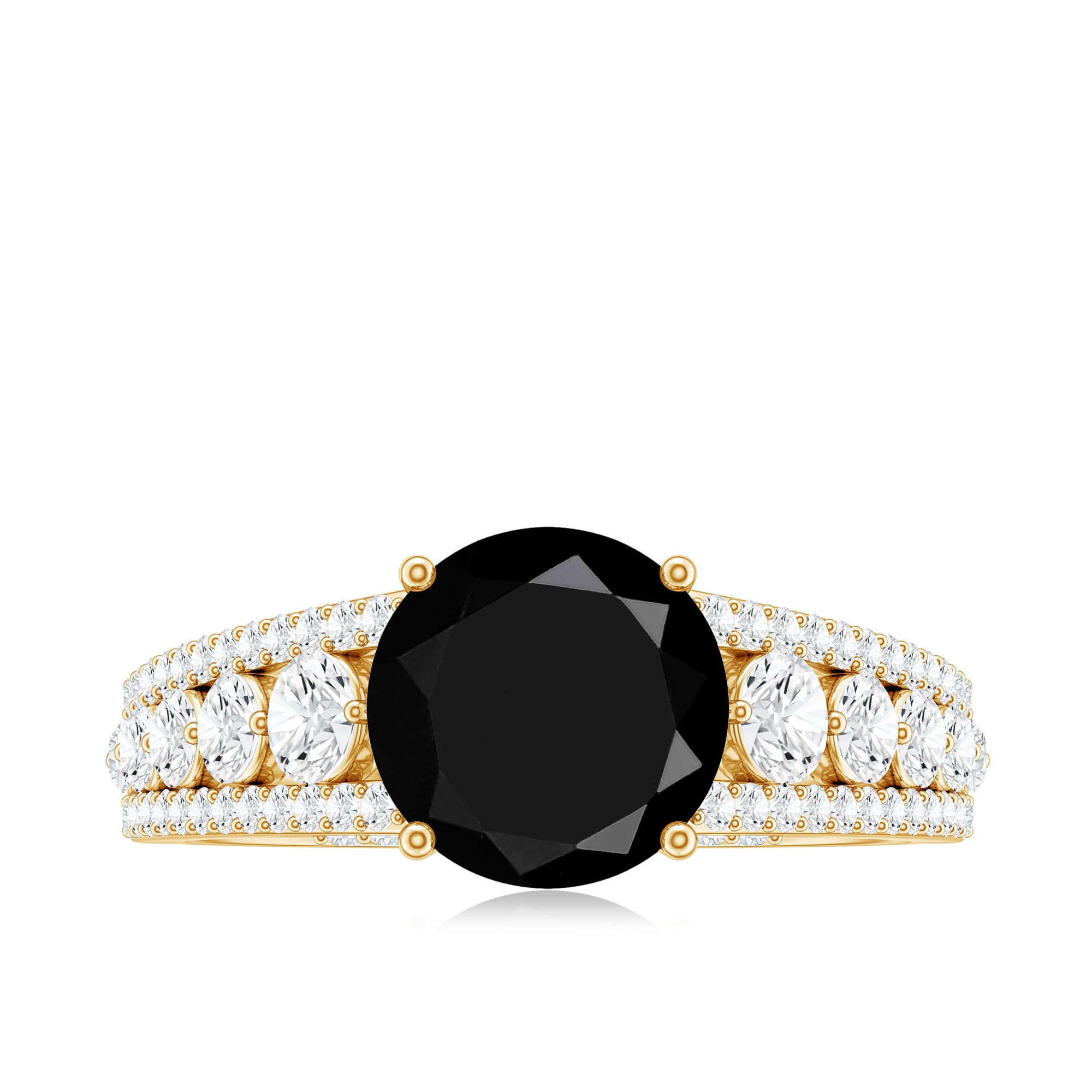 8mm Round Black Onyx Statement Engagement Ring with Moissanite Side Stones AAA - Rosec Jewels