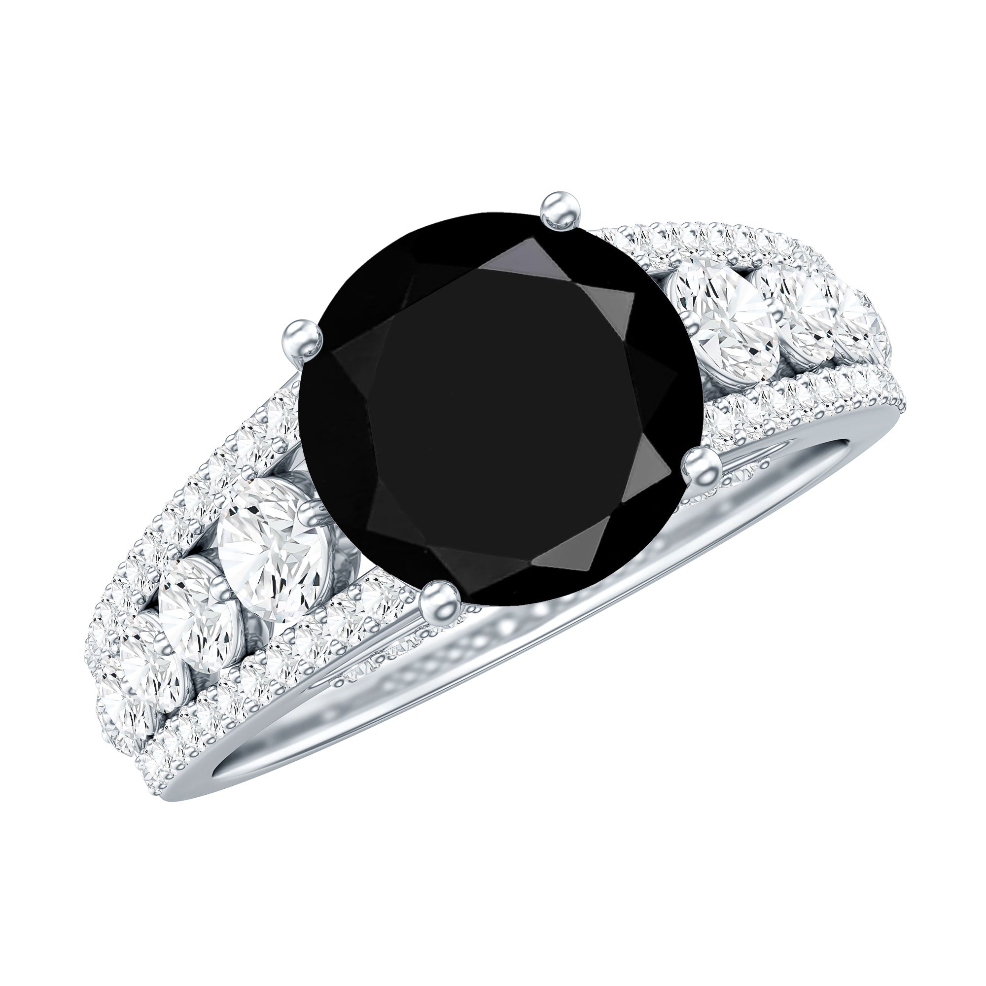 Real 2.5 Carat Black Spinel Engagement Ring with Moissanite Side Stones AAA - Rosec Jewels