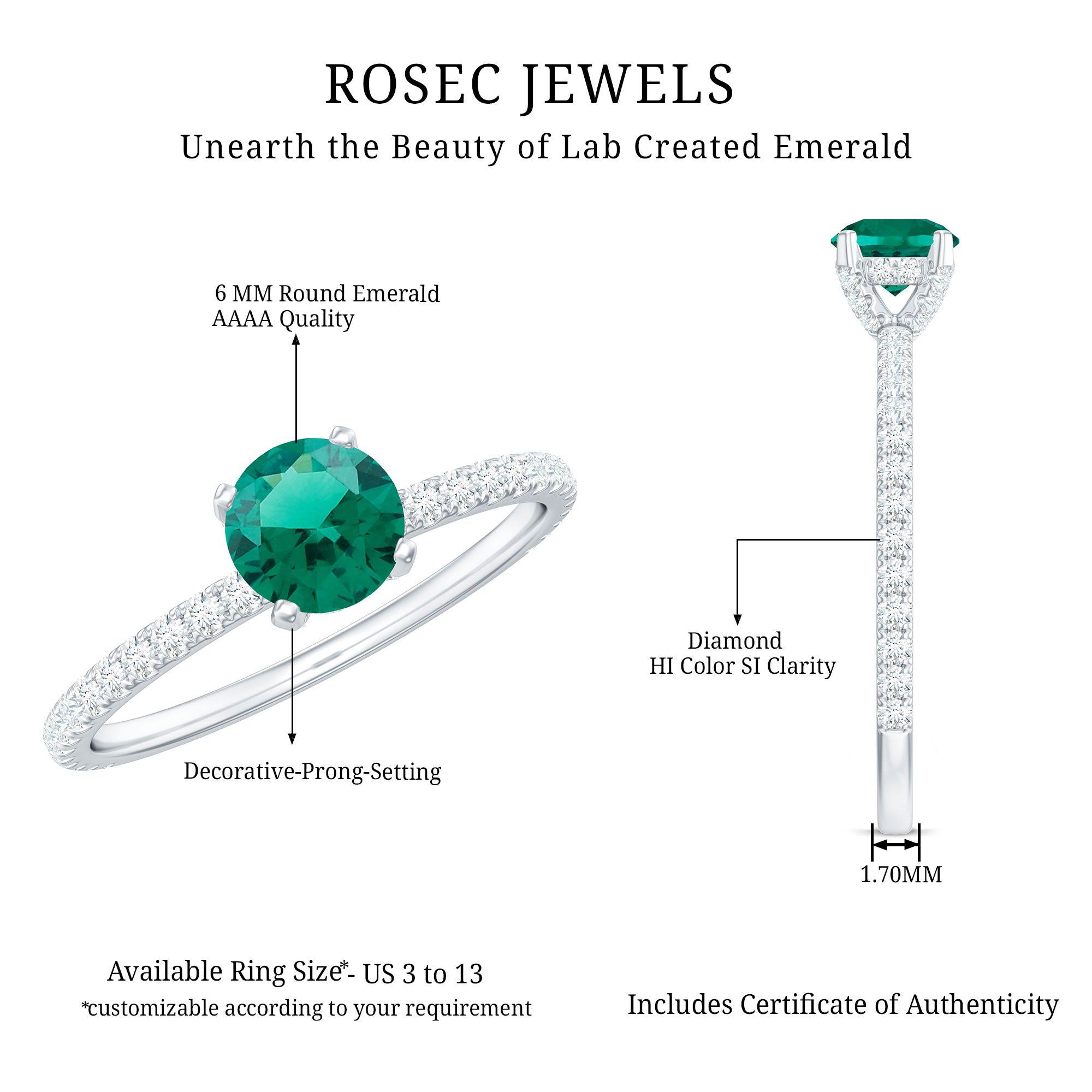 Certified Lab Grown Emerald Solitaire Engagement Ring with Diamond AAAA - Rosec Jewels