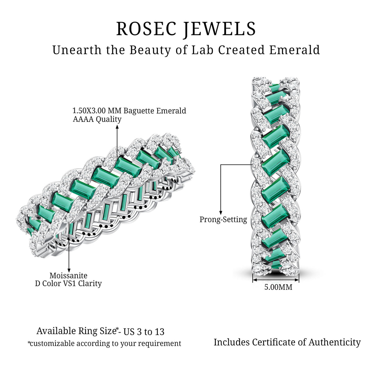 Certified Baguette Lab Grown Emerald Braided Wedding Band with Moissanite AAAA - Rosec Jewels