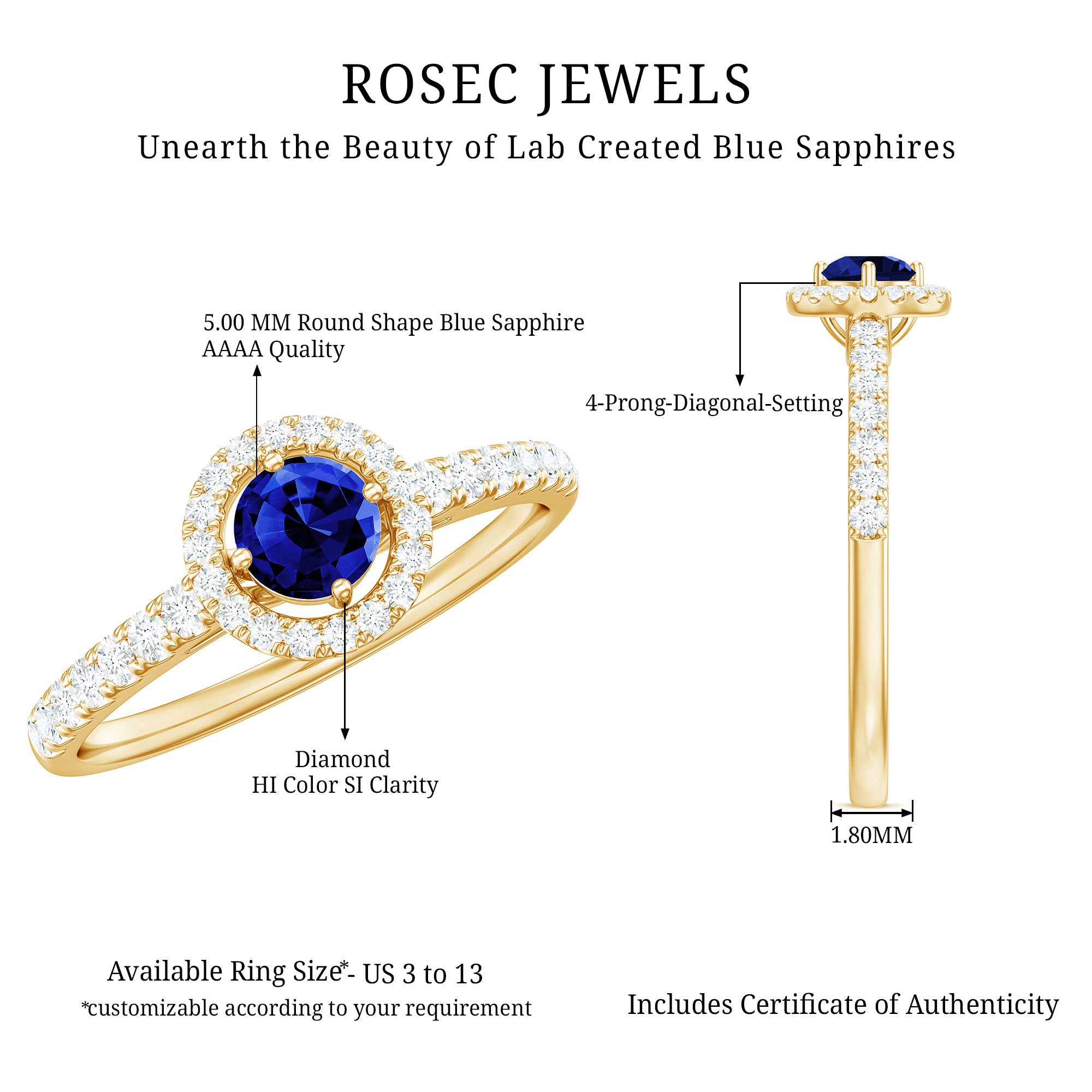 Certified 0.6 Carat Lab Grown Blue Sapphire Diamond Engagement Ring with Halo AAAA - Rosec Jewels