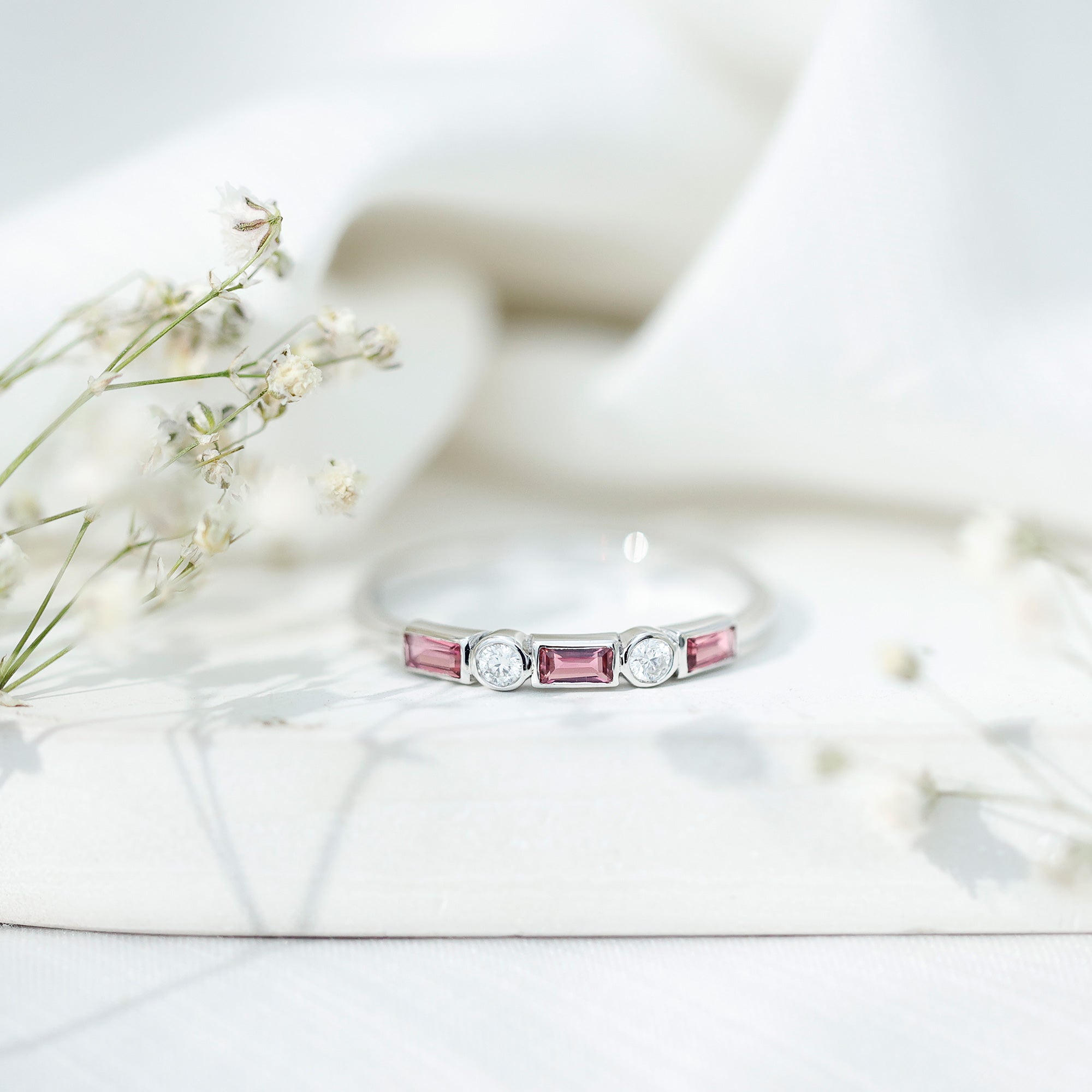 Pink Tourmaline and Diamond Stackable Ring in Bezel Setting AAA - Rosec Jewels