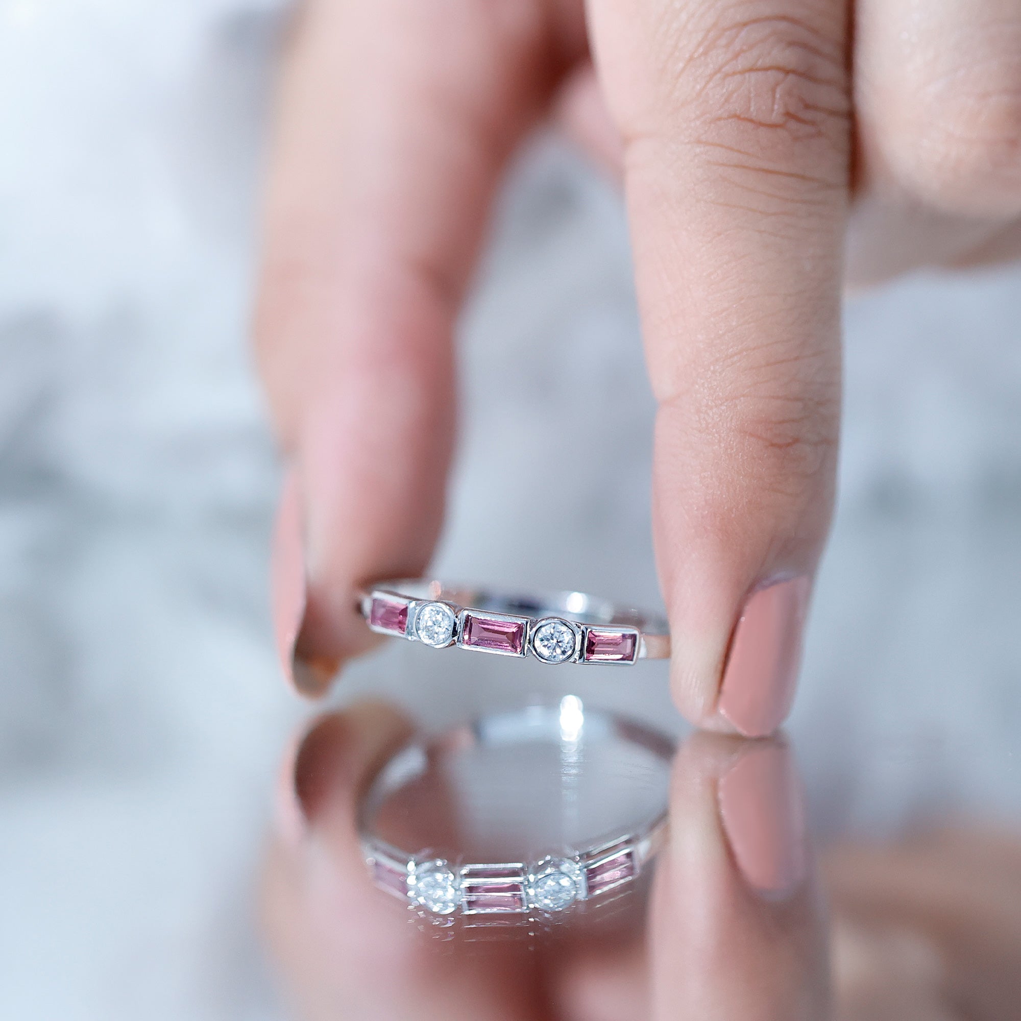 Pink Tourmaline and Diamond Stackable Ring in Bezel Setting AAA - Rosec Jewels