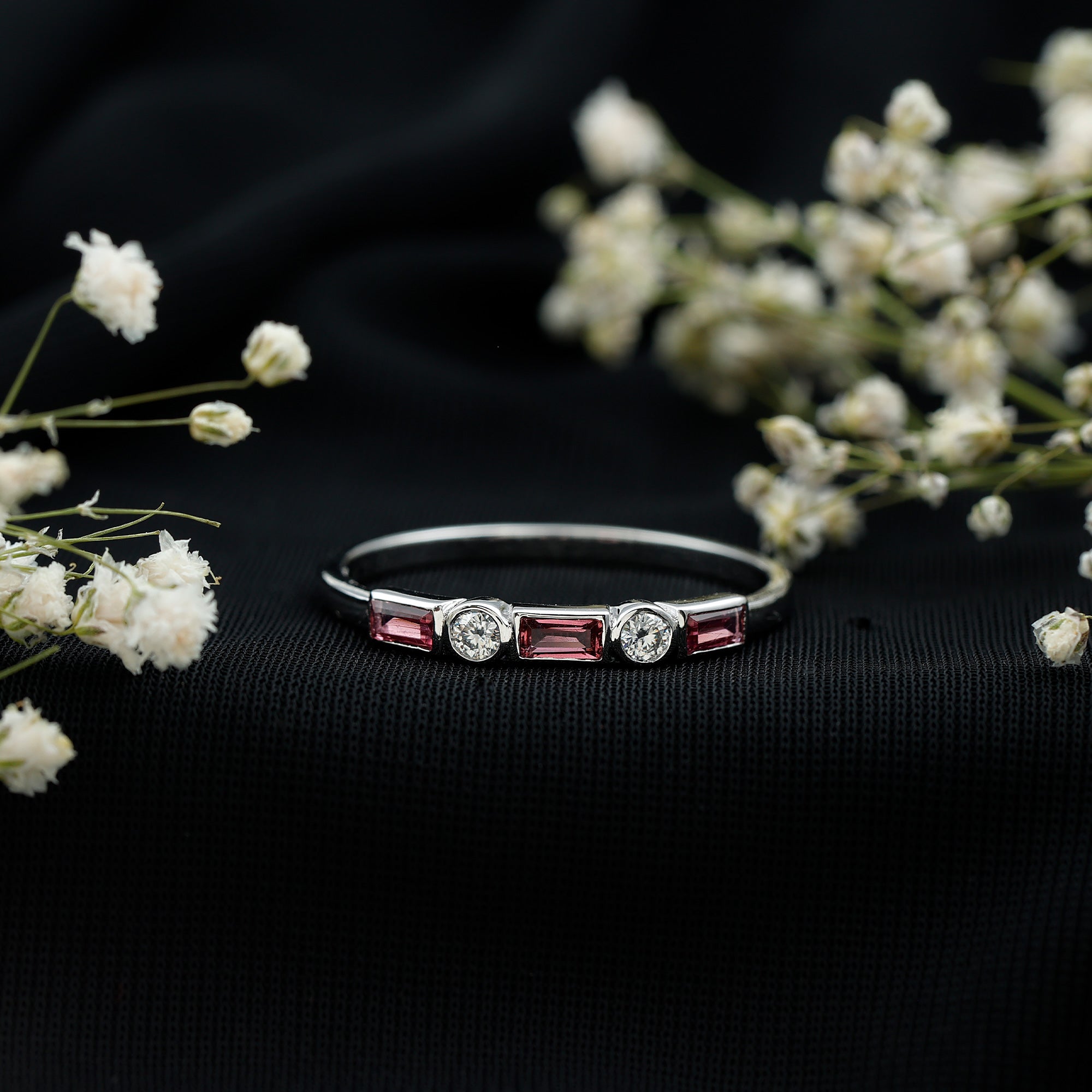 Pink Tourmaline and Diamond Stackable Ring in Bezel Setting AAA - Rosec Jewels