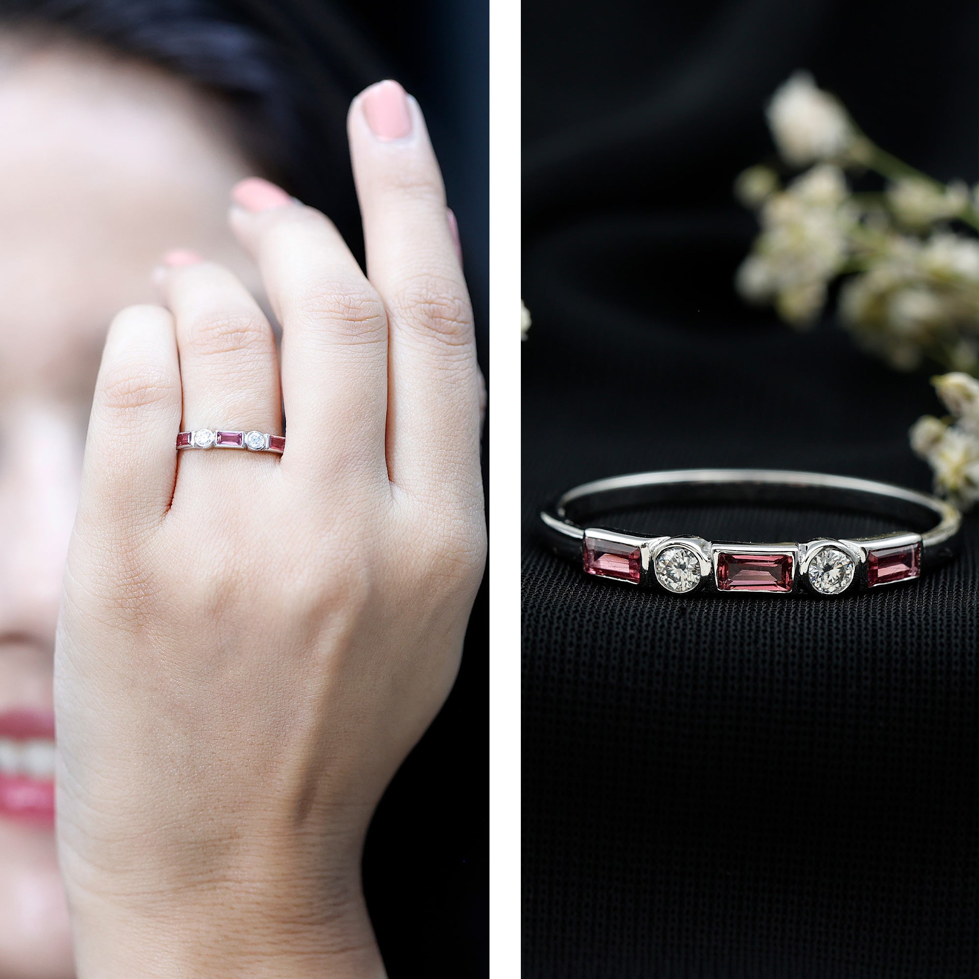 Pink Tourmaline and Diamond Stackable Ring in Bezel Setting AAA - Rosec Jewels