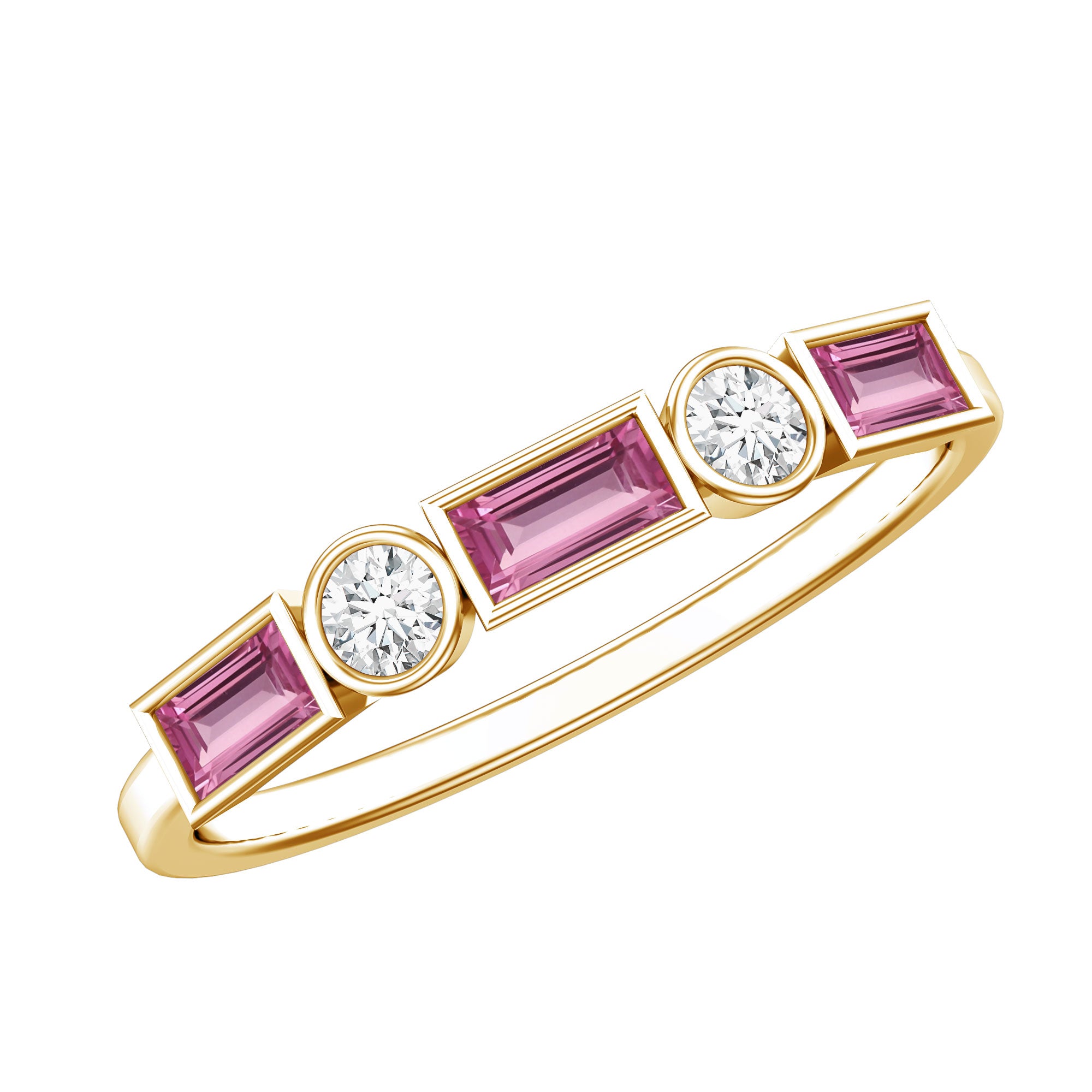 Pink Tourmaline and Diamond Stackable Ring in Bezel Setting AAA - Rosec Jewels