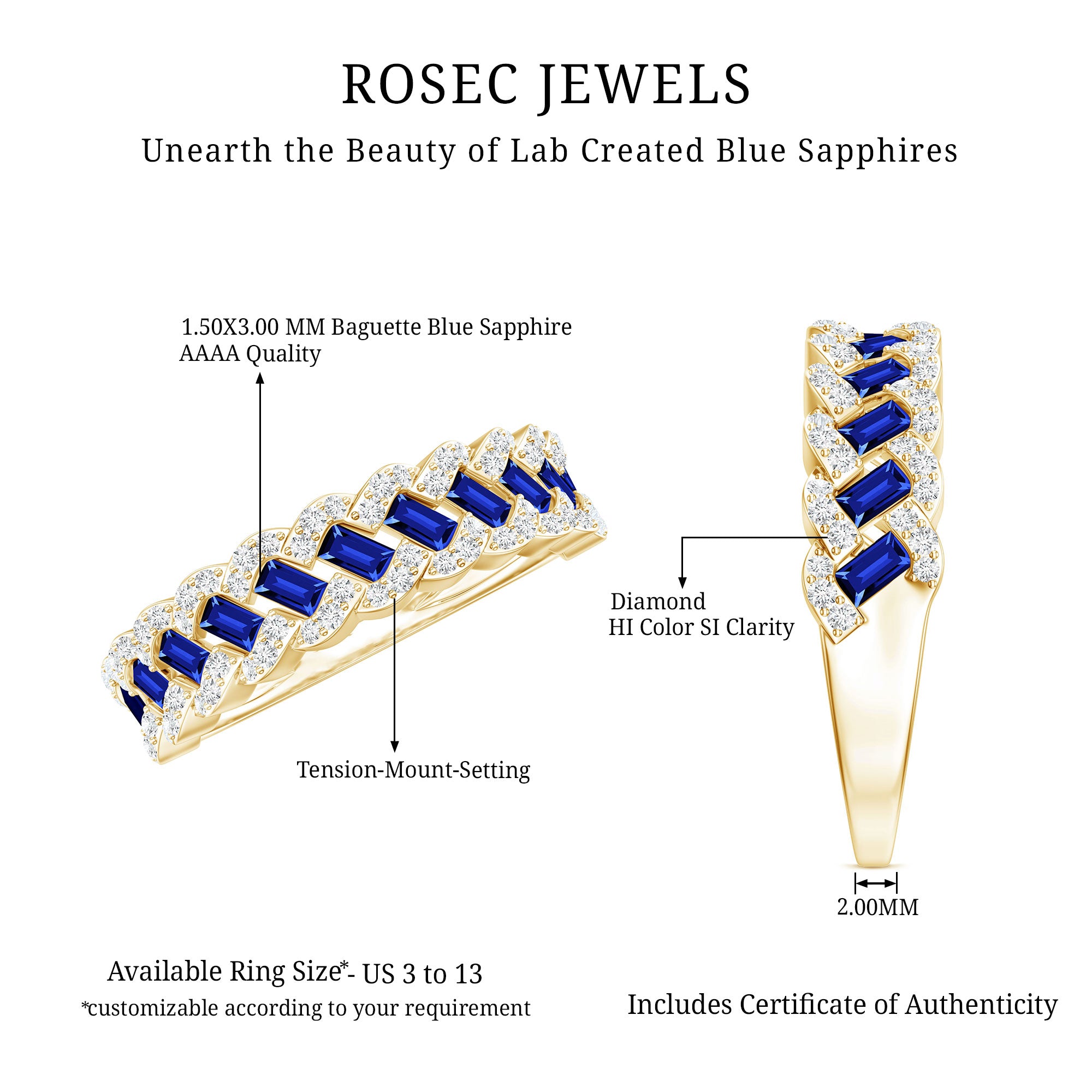 Certified Baguette Lab Grown Blue Sapphire Half Eternity Band with Diamond AAAA - Rosec Jewels