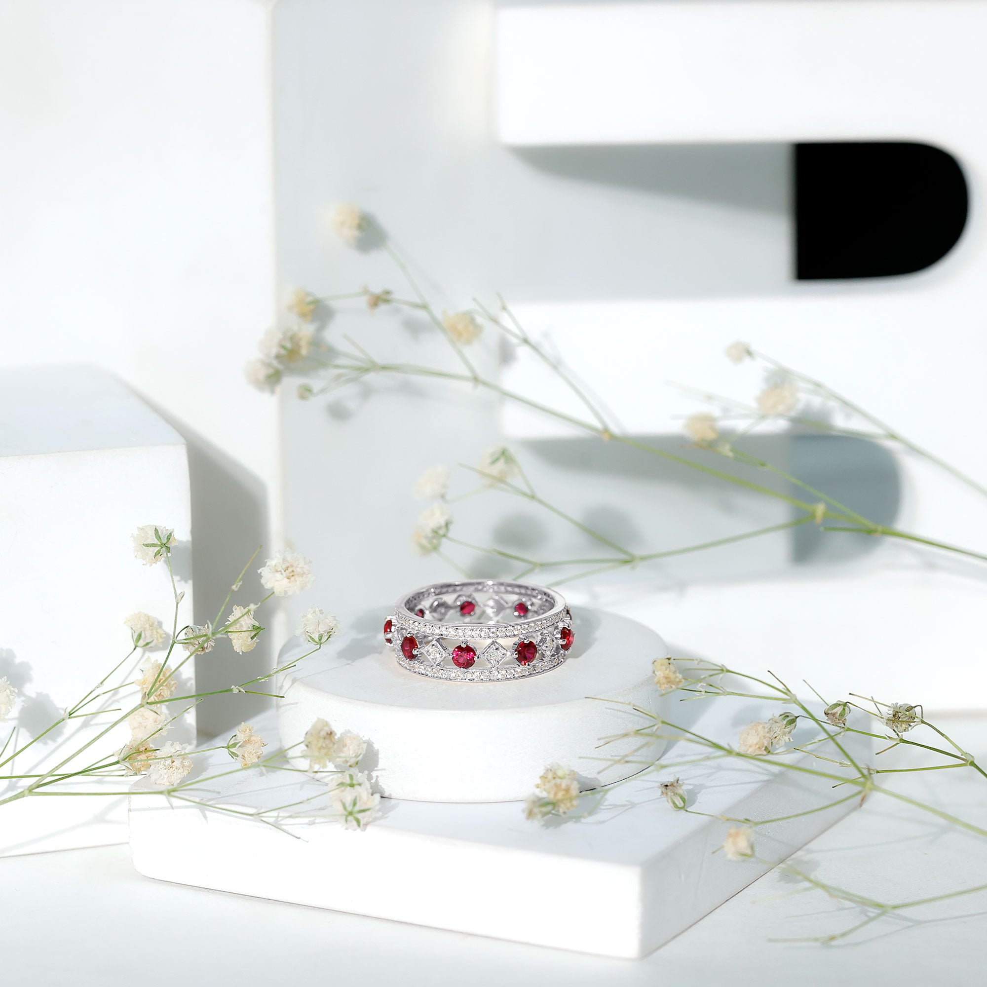 Rosec Jewels-Lab Grown Ruby Vintage Wedding Band Ring With Moissanite