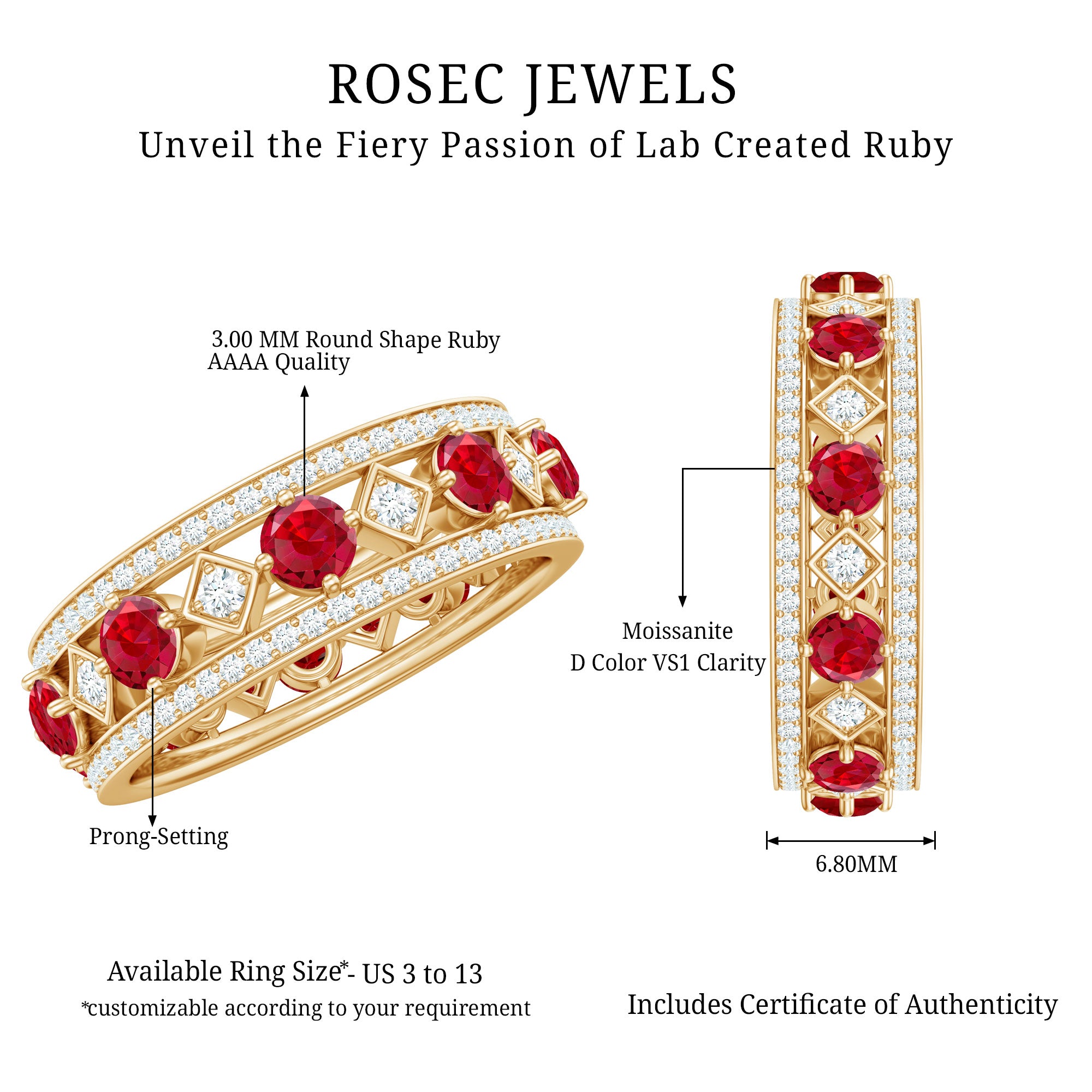 Rosec Jewels-Lab Grown Ruby Vintage Wedding Band Ring With Moissanite