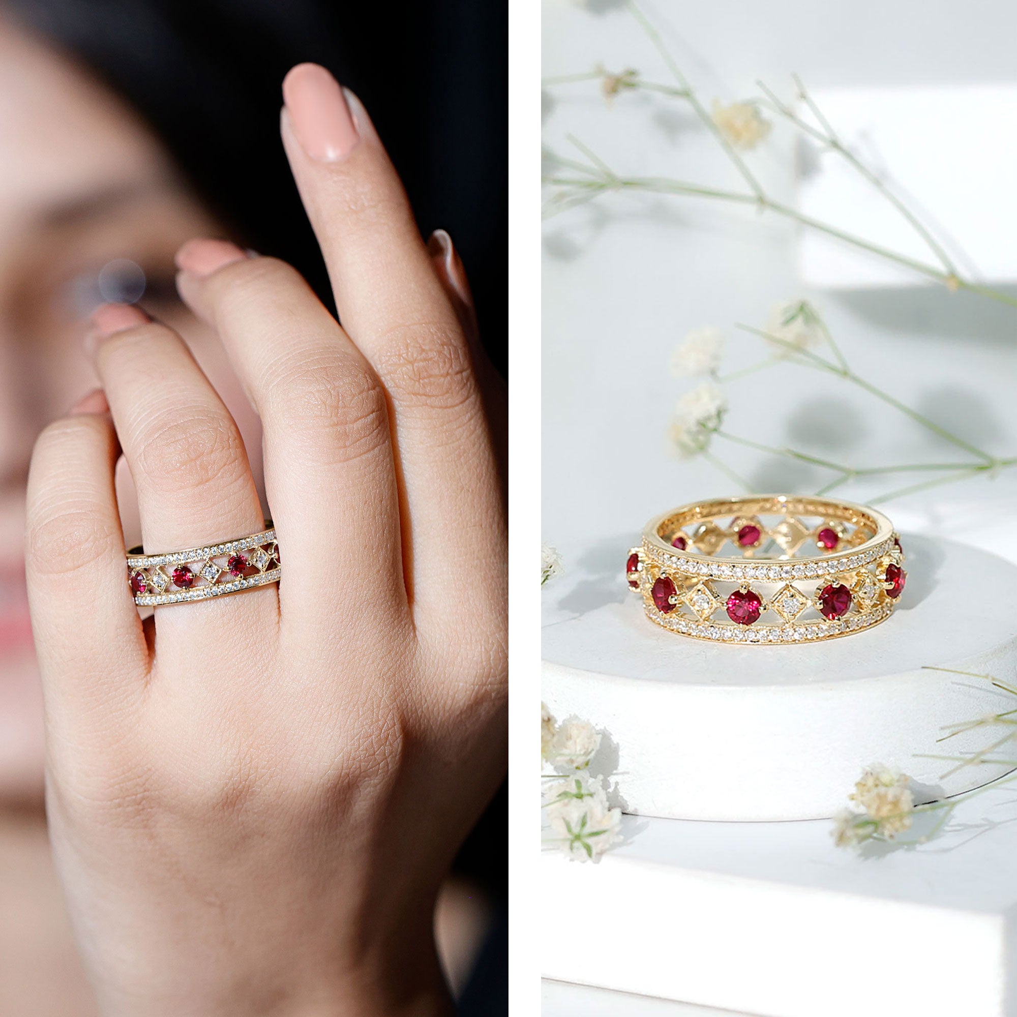 Rosec Jewels-Lab Grown Ruby Vintage Wedding Band Ring With Moissanite