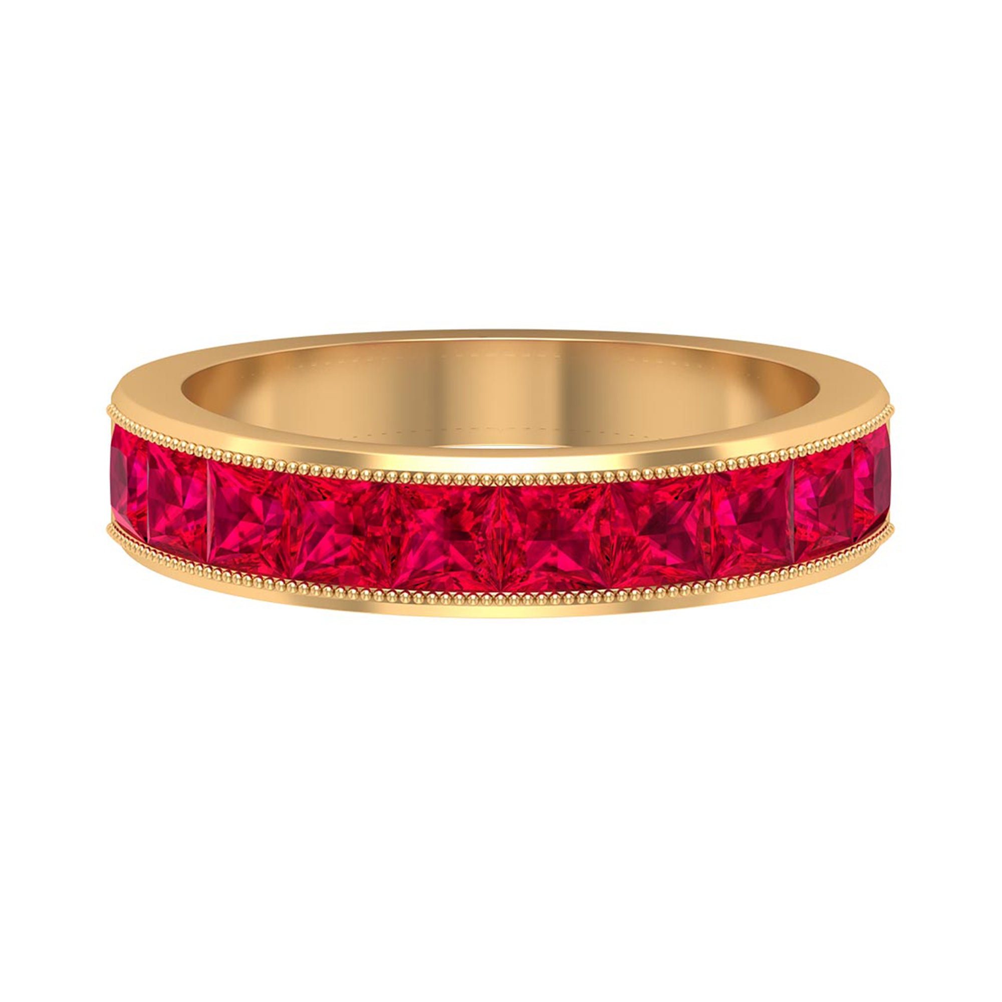Channel Set Created Ruby Semi Eternity Band Ring with Milgrain Gold Lab Created Ruby - ( AAAA ) - Quality - Rosec Jewels