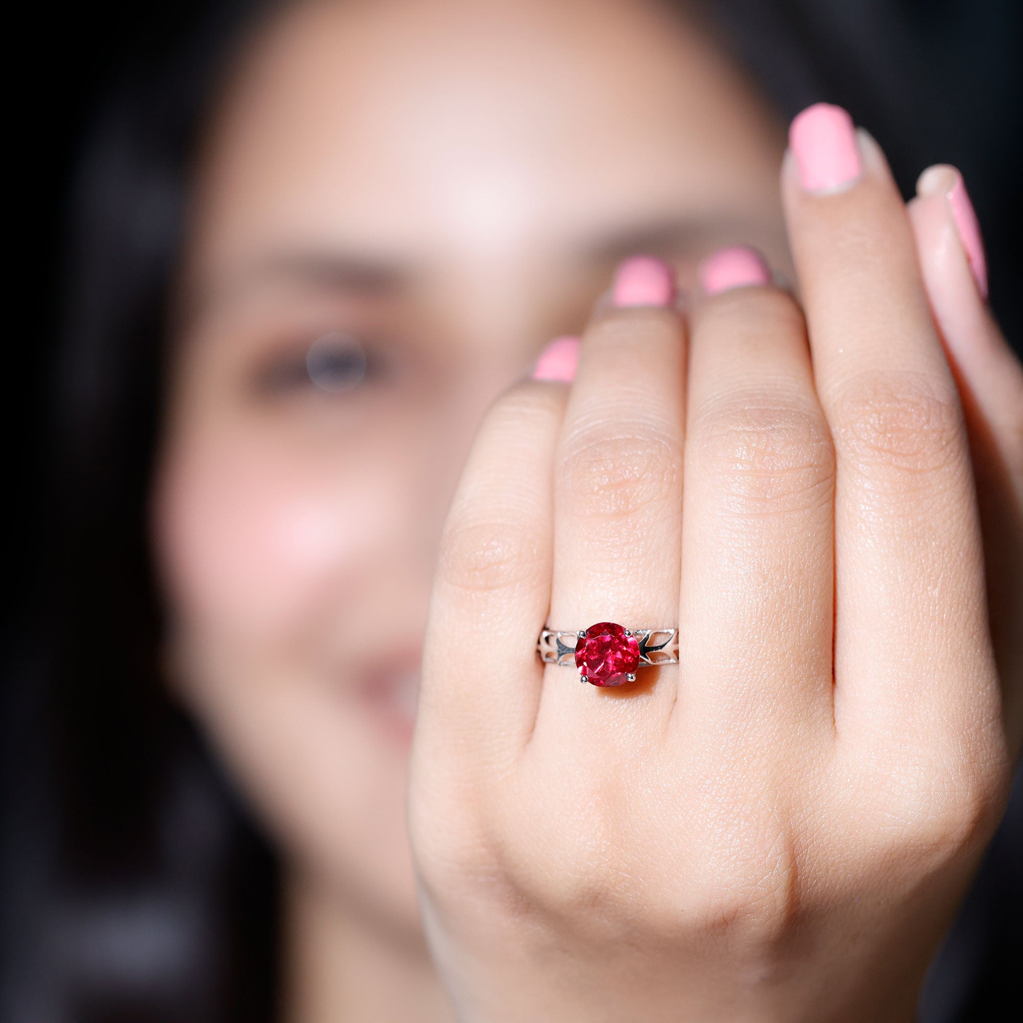 Rosec Jewels-7 MM Lab Created Ruby Solitaire Gold Filigree Ring