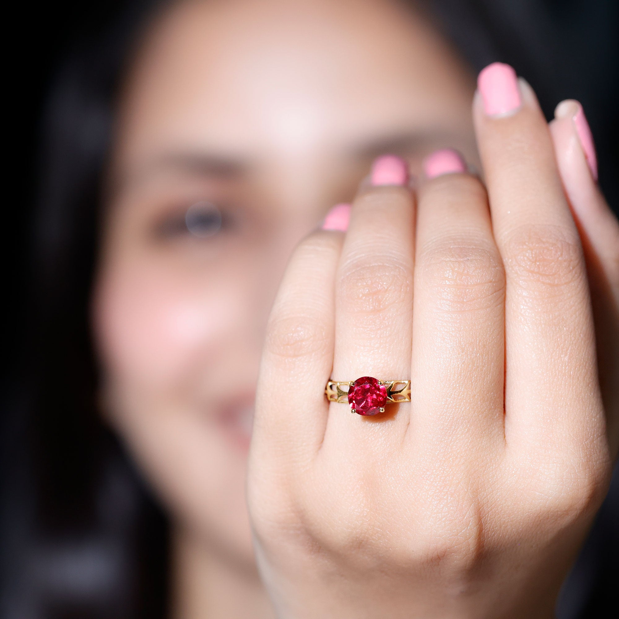 Rosec Jewels-7 MM Lab Created Ruby Solitaire Gold Filigree Ring