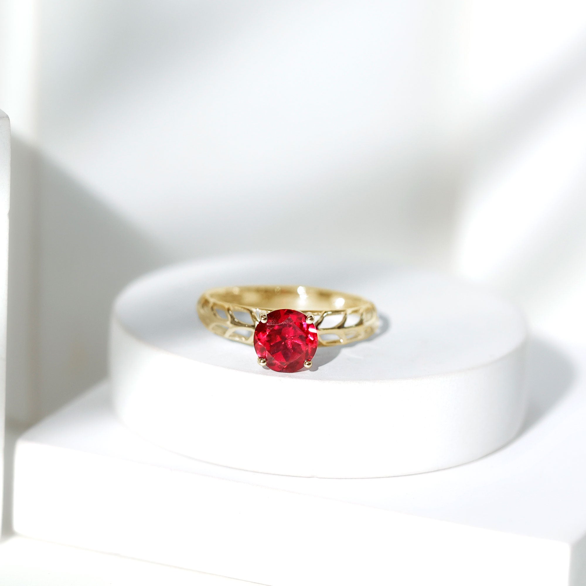 Rosec Jewels-7 MM Lab Created Ruby Solitaire Gold Filigree Ring
