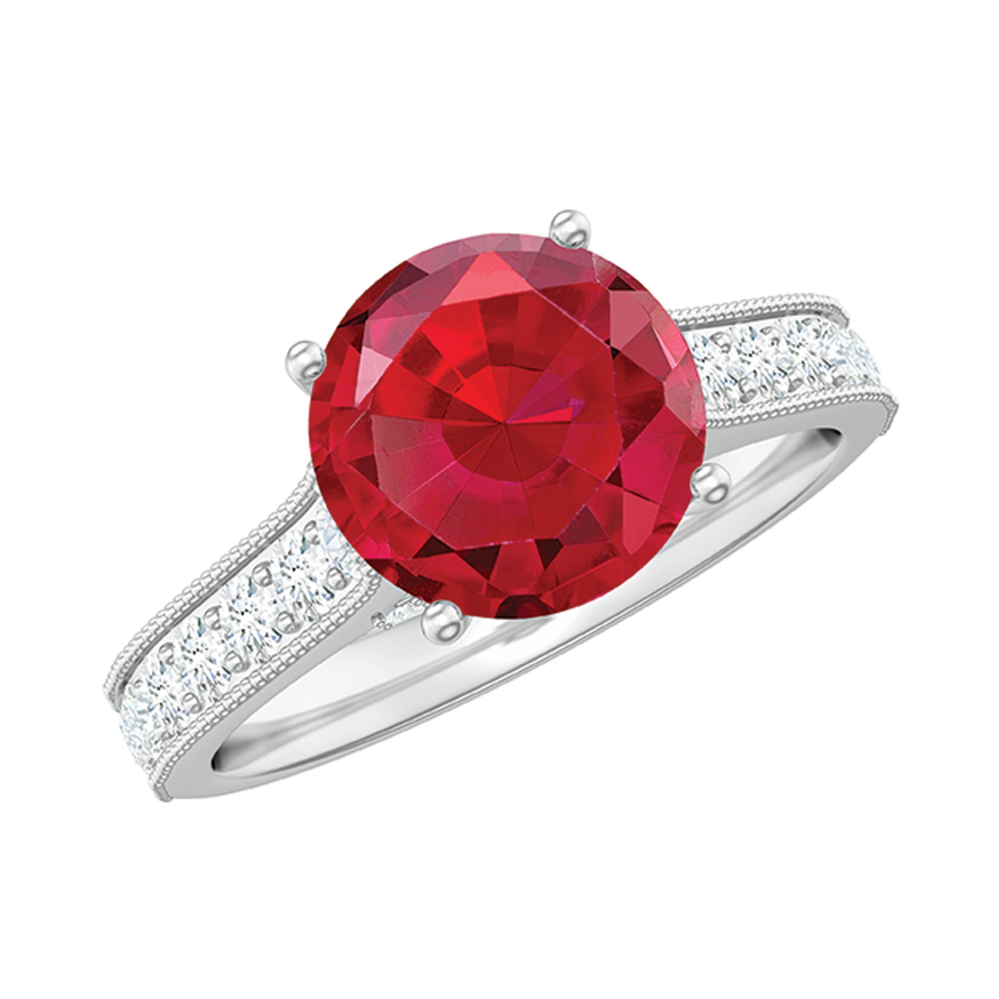 Created Ruby Solitaire Engagement Ring with Diamond AAAA - Rosec Jewels