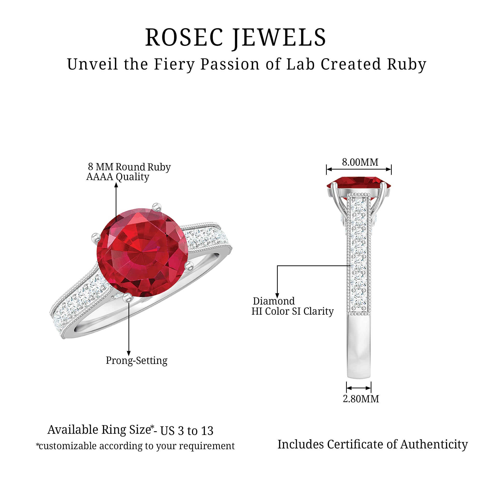 Created Ruby Solitaire Engagement Ring with Diamond AAAA - Rosec Jewels