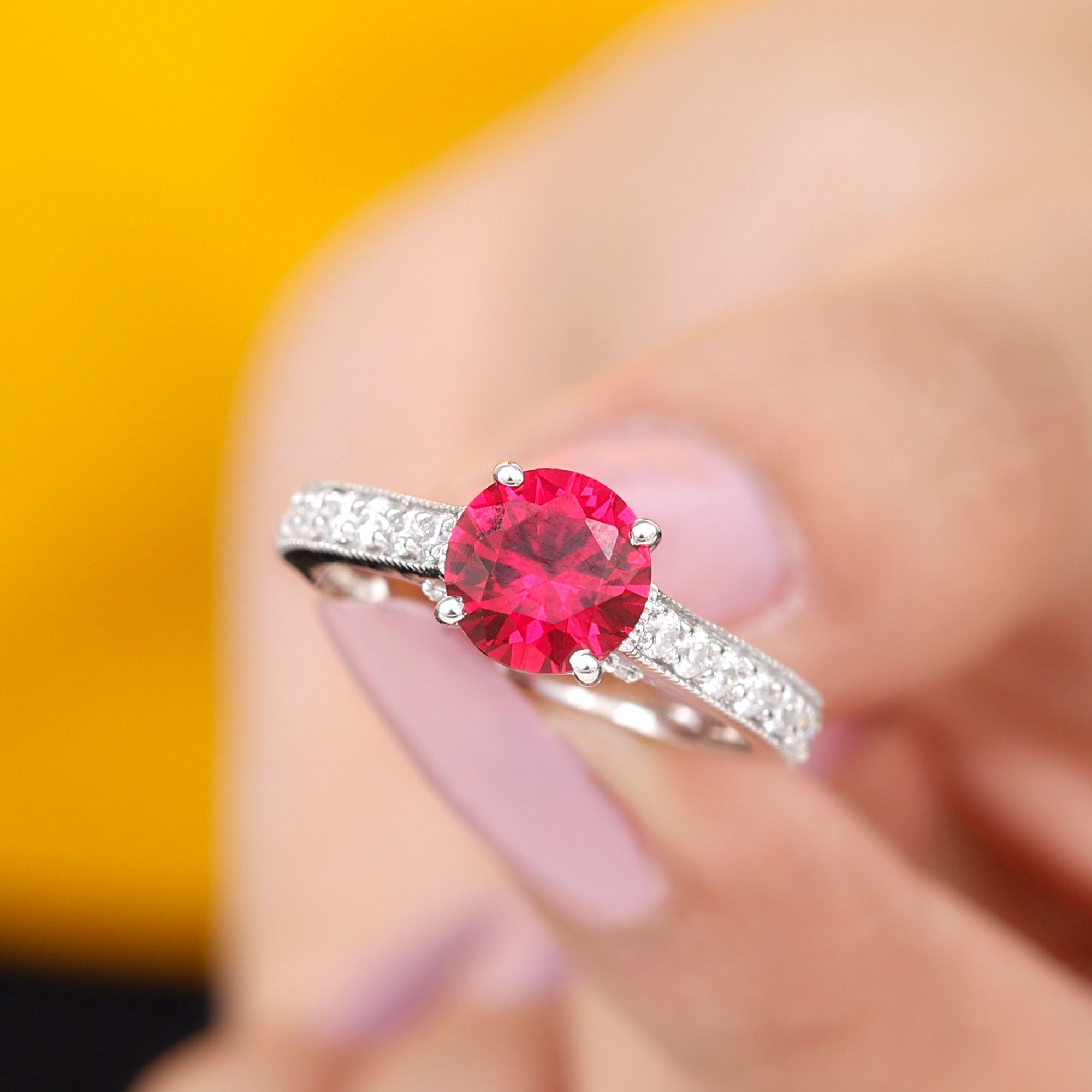 Created Ruby Solitaire Engagement Ring with Diamond Lab Created Ruby - ( AAAA ) - Quality - Rosec Jewels