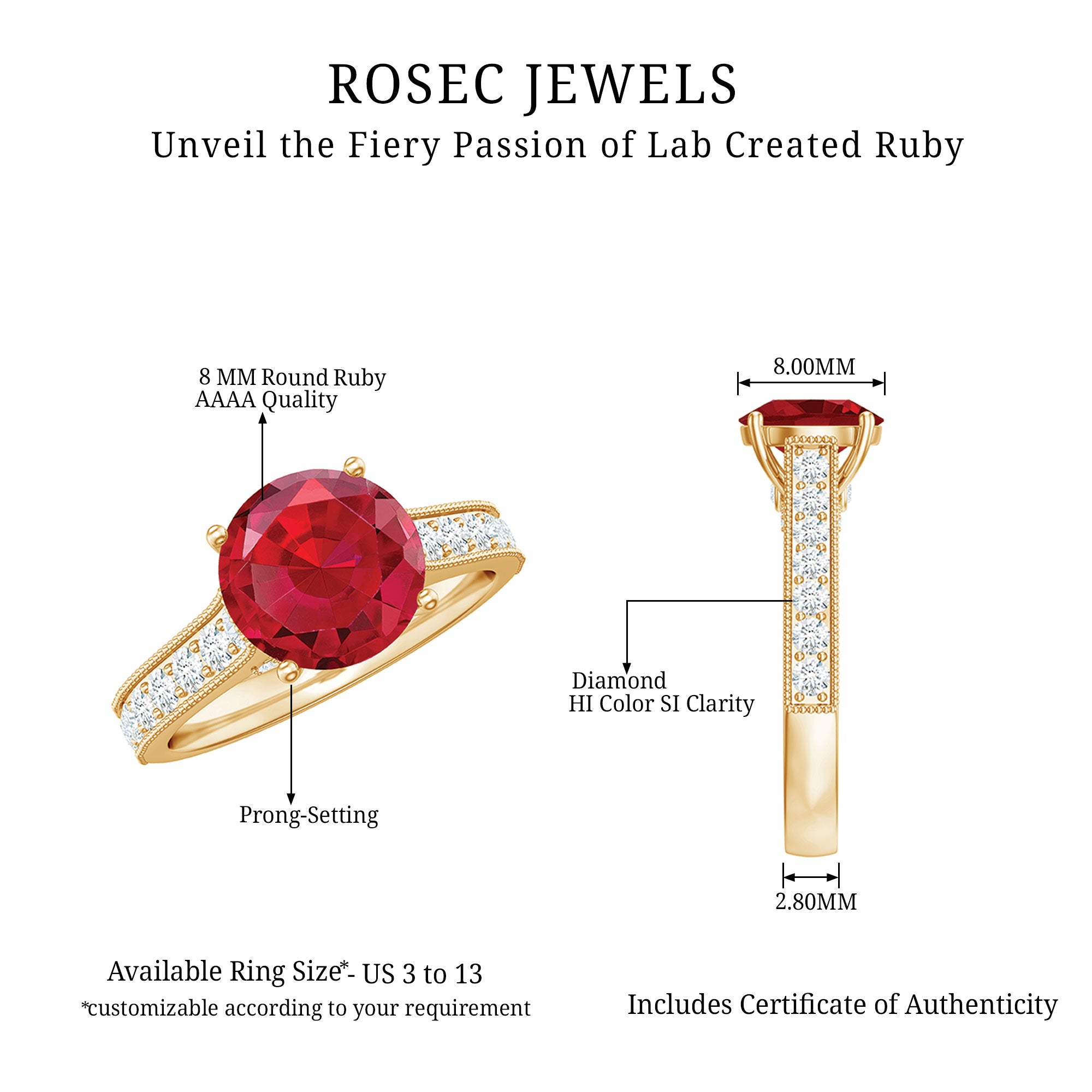 Created Ruby Solitaire Engagement Ring with Diamond Lab Created Ruby - ( AAAA ) - Quality - Rosec Jewels