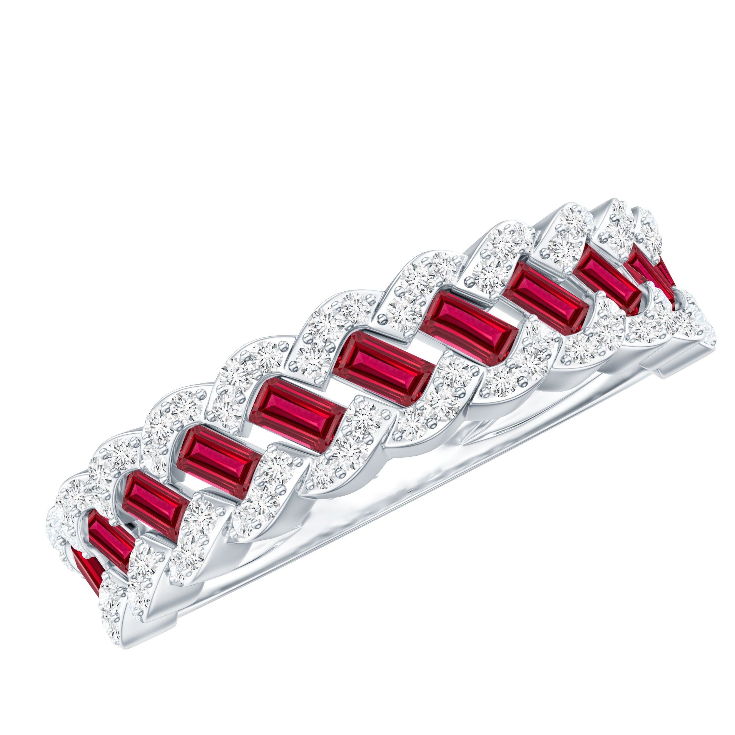 Baguette Created Ruby Braided Eternity Band Ring with Diamond AAAA - Rosec Jewels
