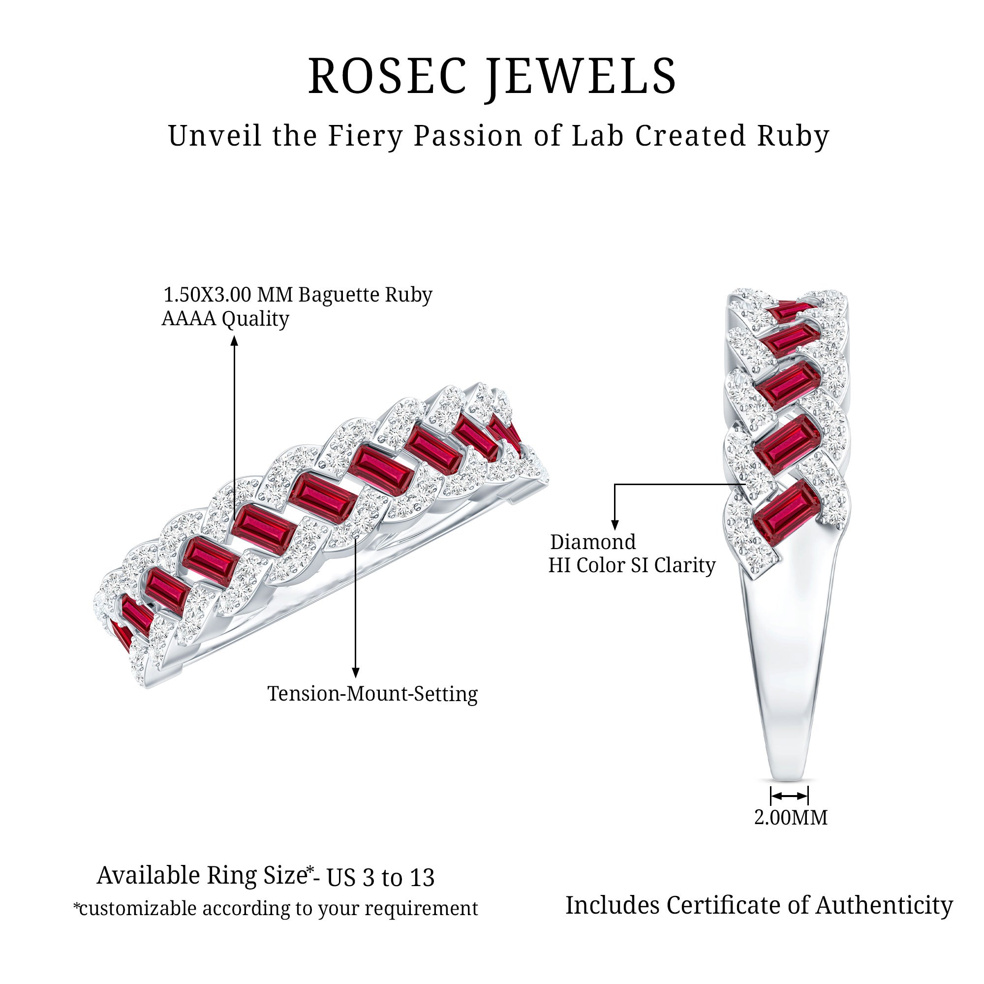 Rosec Jewels-Baguette Created Ruby Braided Eternity Band Ring with Diamond