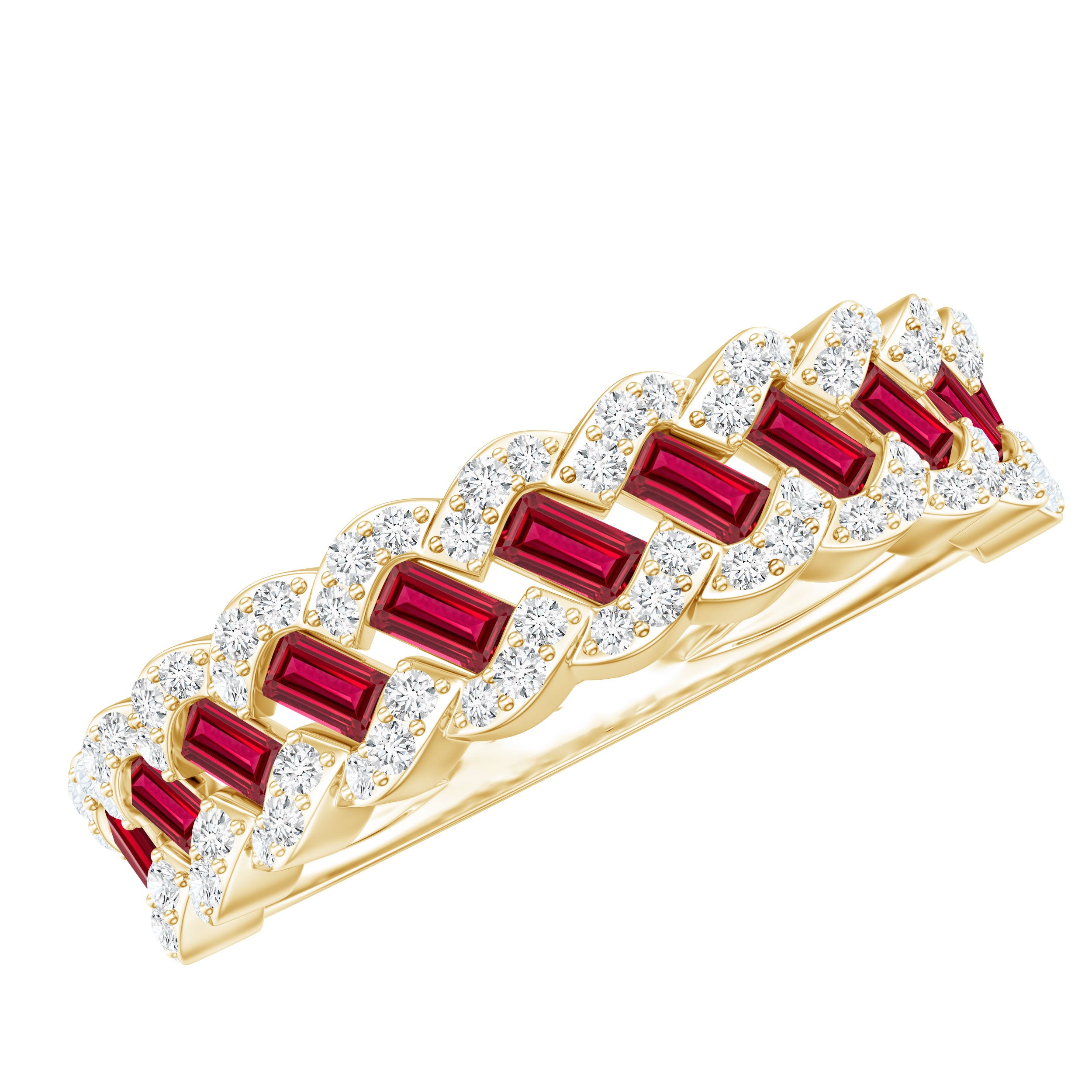 Rosec Jewels-Baguette Created Ruby Braided Eternity Band Ring with Diamond