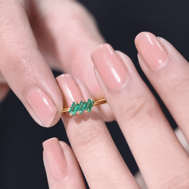Certified Baguette Lab Grown Emerald 3 Stone Promise Ring AAAA - Rosec Jewels
