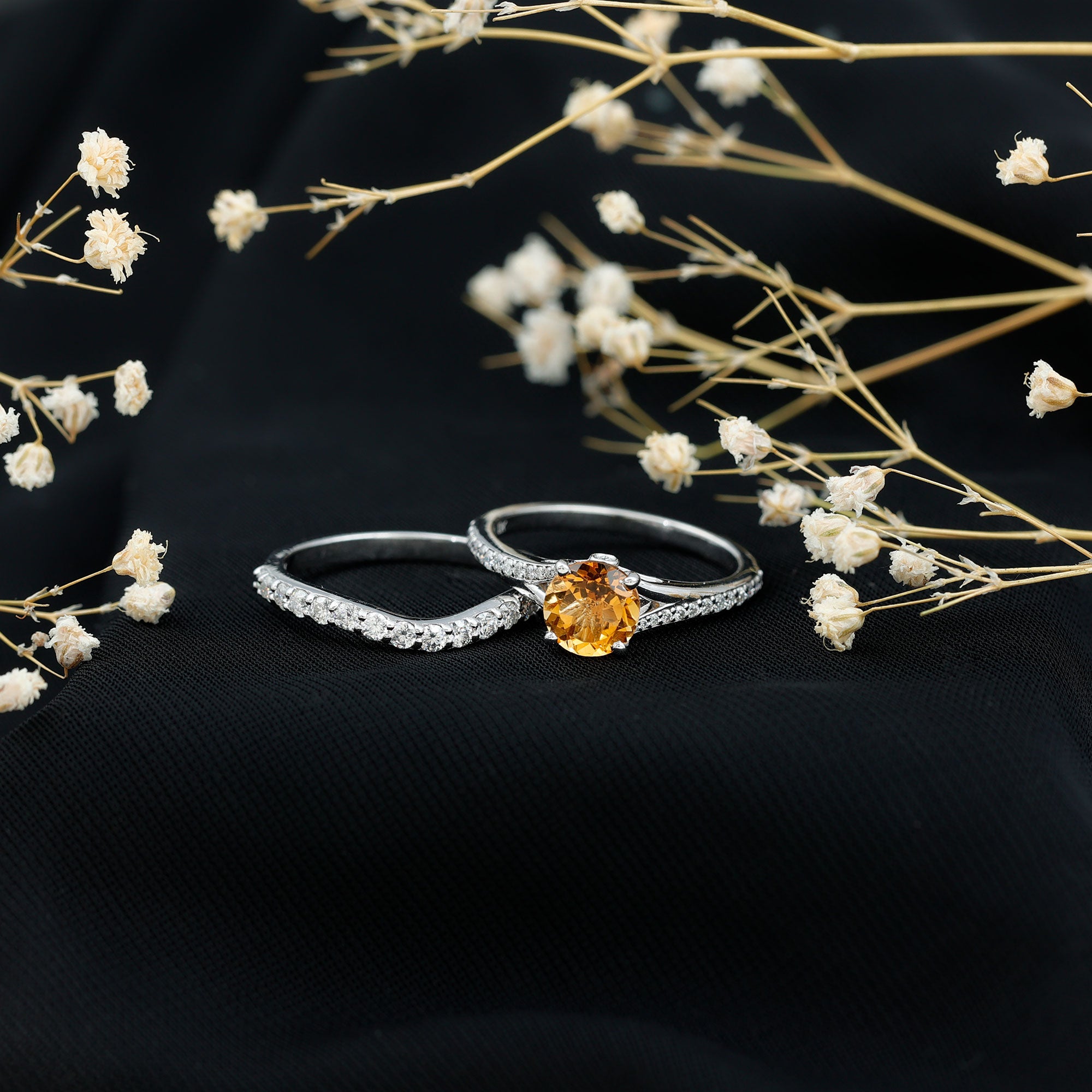 Certified Real Citrine Engagement Ring with Moissanite Wedding Band AAA - Rosec Jewels