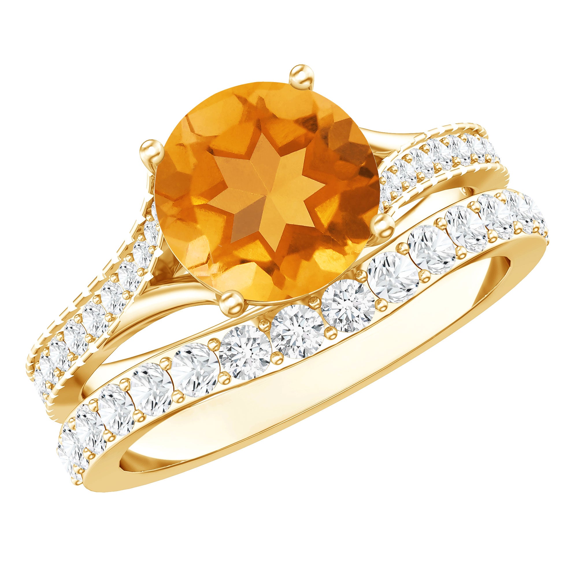 Certified Real Citrine Engagement Ring with Moissanite Wedding Band AAA - Rosec Jewels