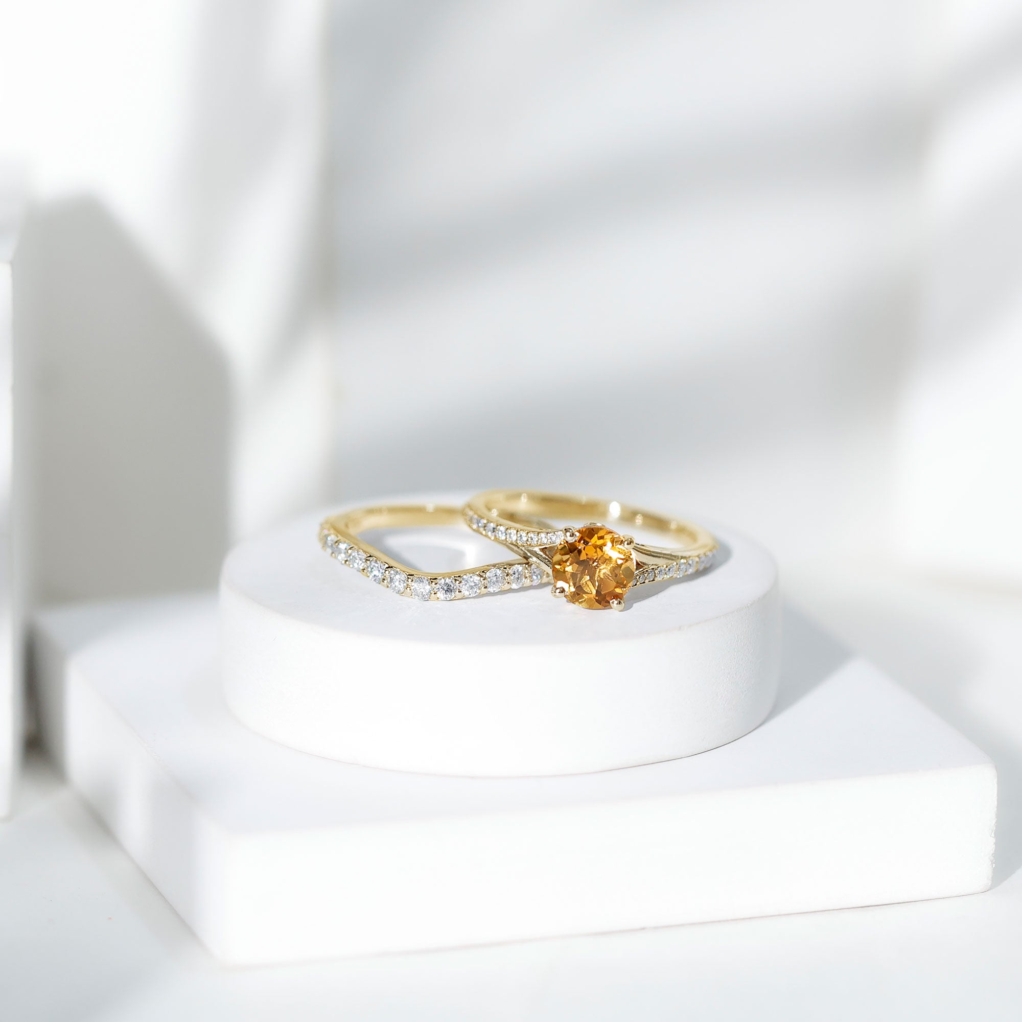 Certified Real Citrine Engagement Ring with Moissanite Wedding Band AAA - Rosec Jewels