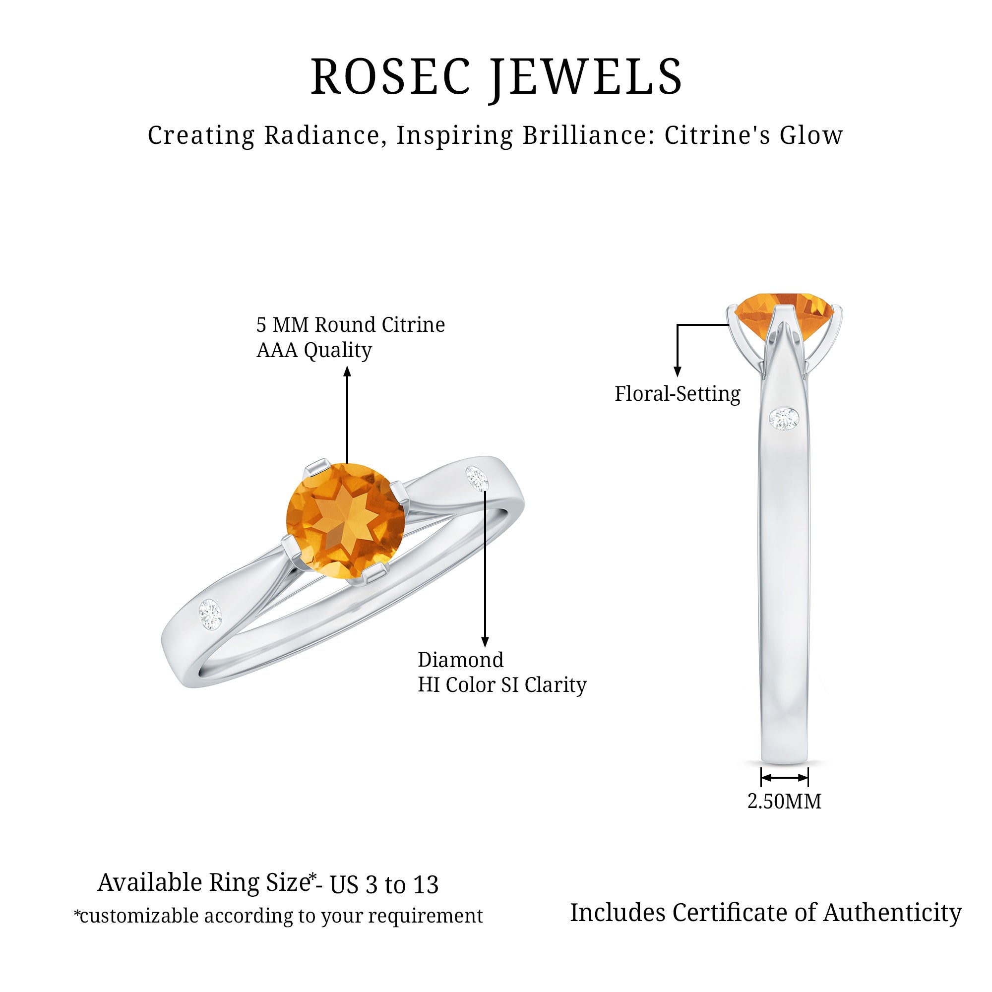 Certified Real Citrine Promise Ring with Diamond AAA - Rosec Jewels